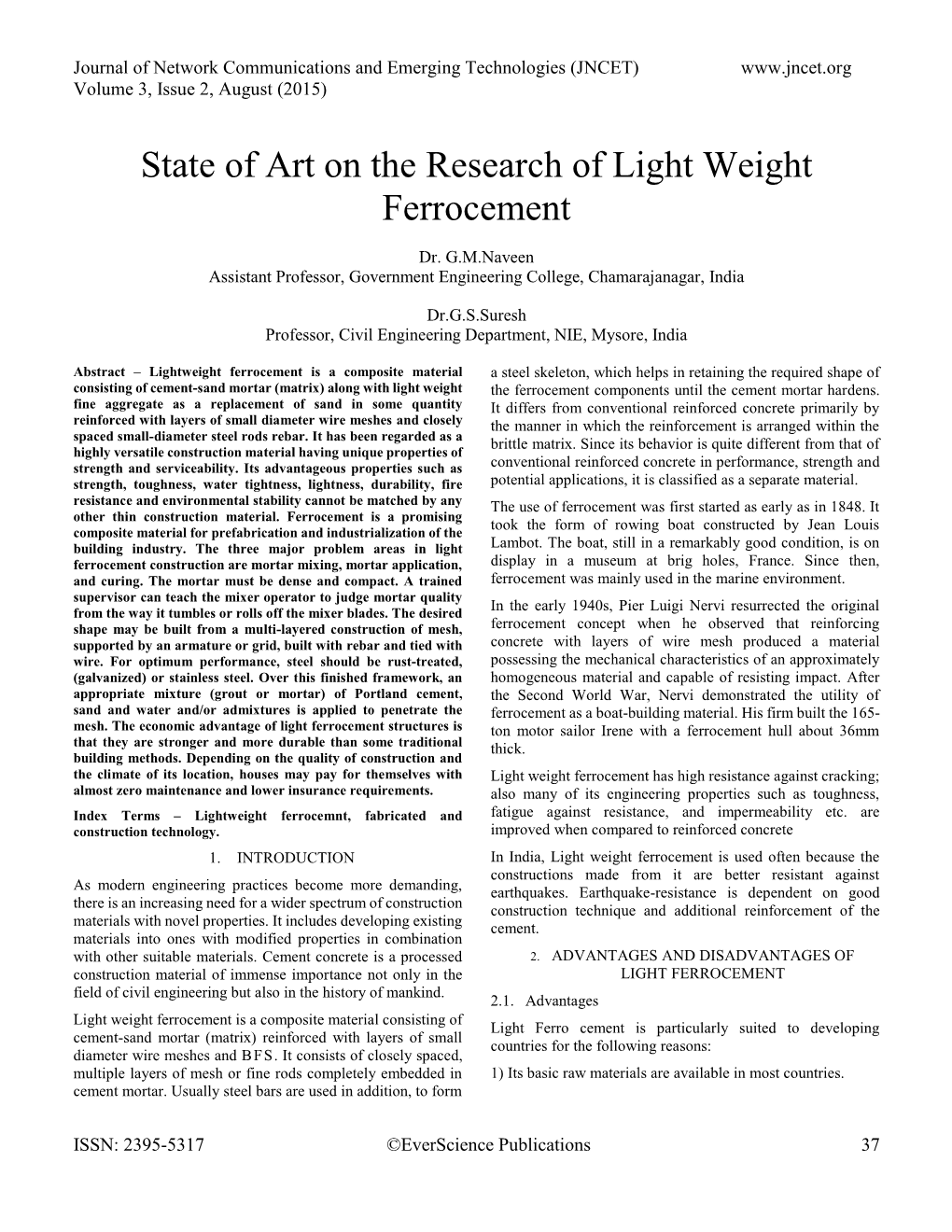 State of Art on the Research of Light Weight Ferrocement