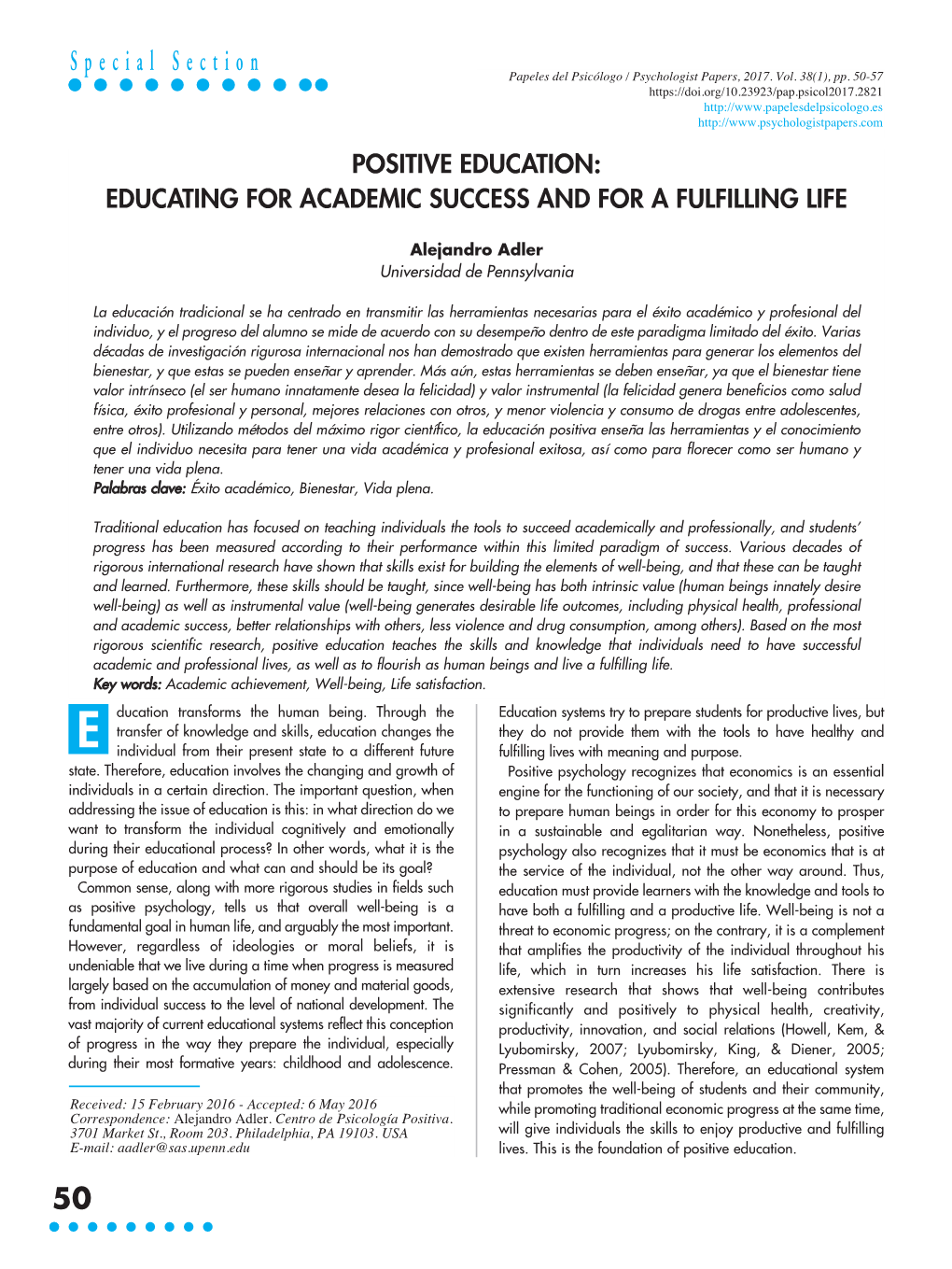 Positive Education: Educating for Academic Success and for a Fulfilling Life