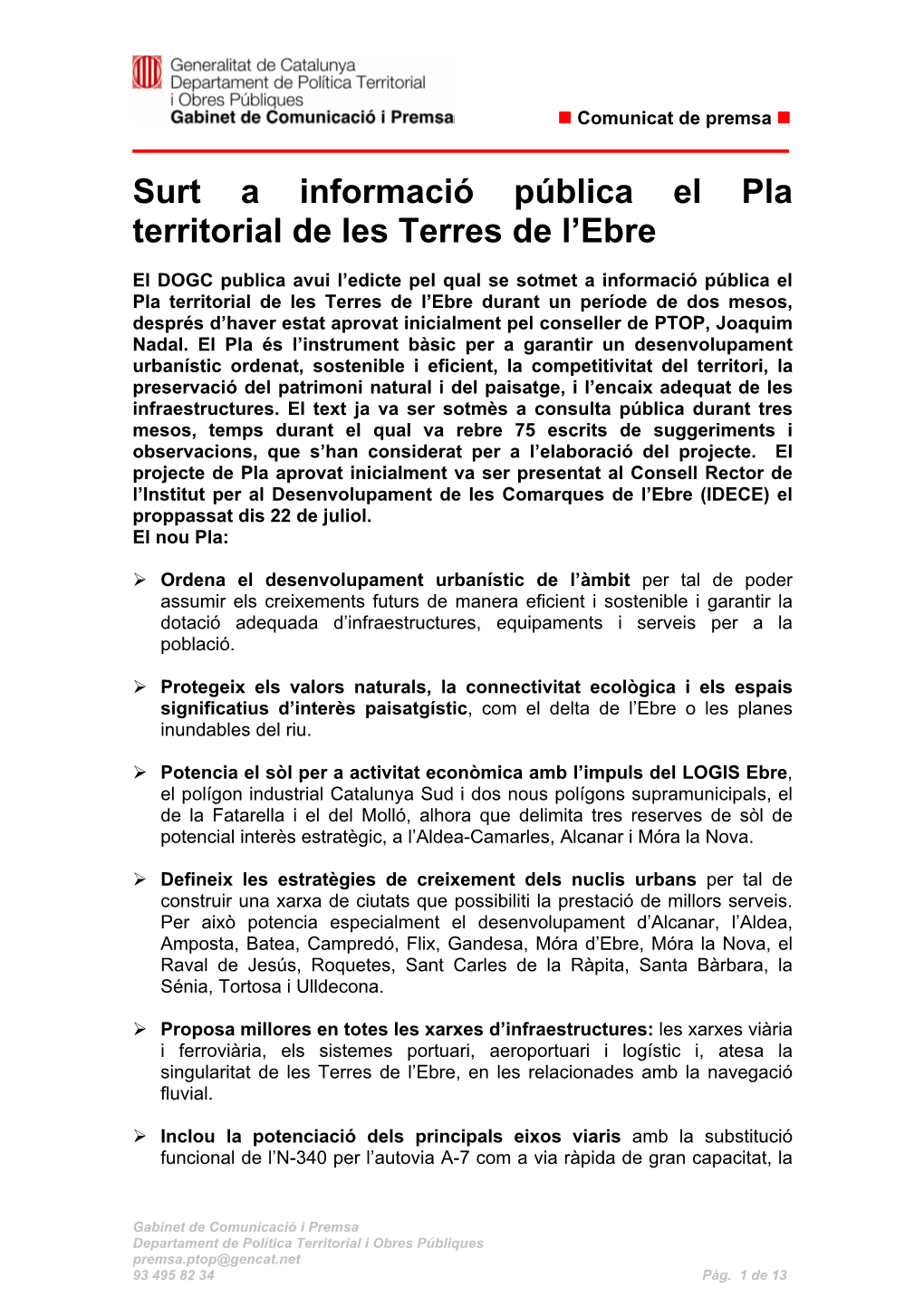 Surt a Informació Pública El Pla Territorial De Les Terres De L'ebre