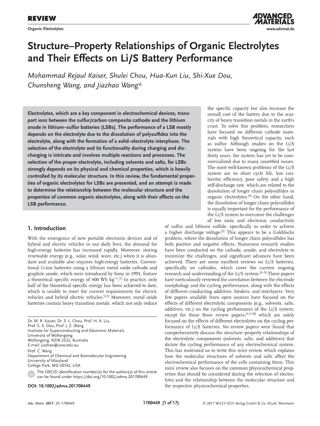 Property Relationships of Organic Electrolytes and Their Effects on Li/S Battery Performance