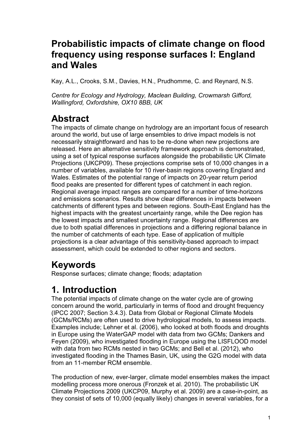 Probabilistic Impacts of Climate Change on Flood Frequency Using Response Surfaces I: England and Wales