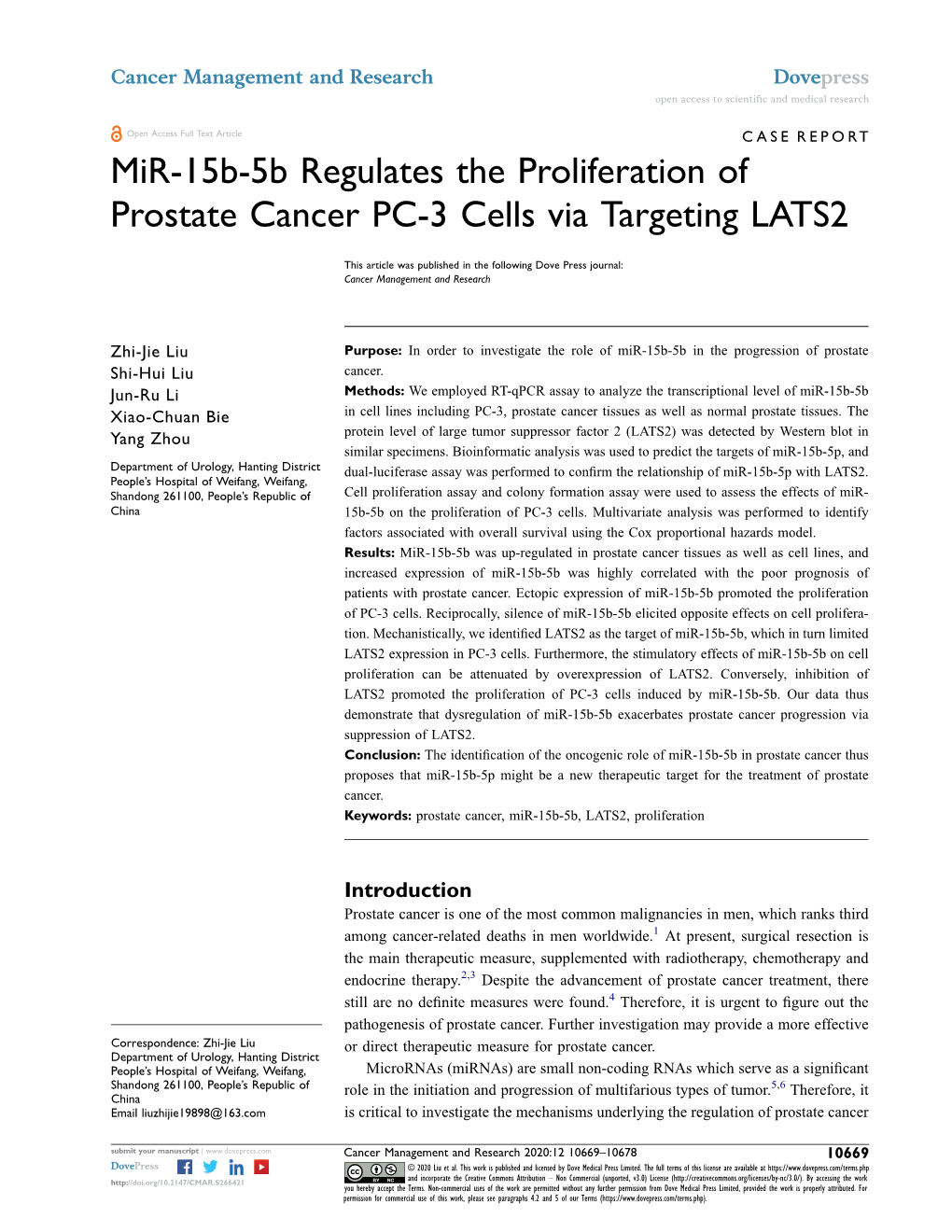 Mir-15B-5B Regulates the Proliferation of Prostate Cancer PC-3 Cells Via Targeting LATS2