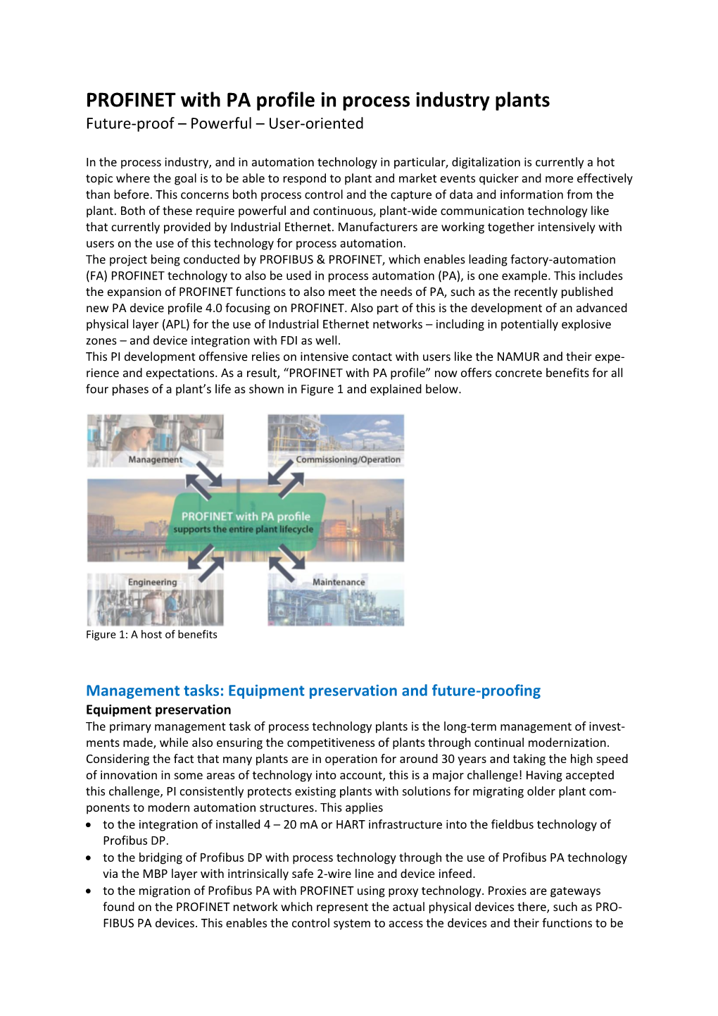 PROFINET with PA Profile in Process Industry Plants Future-Proof – Powerful – User-Oriented