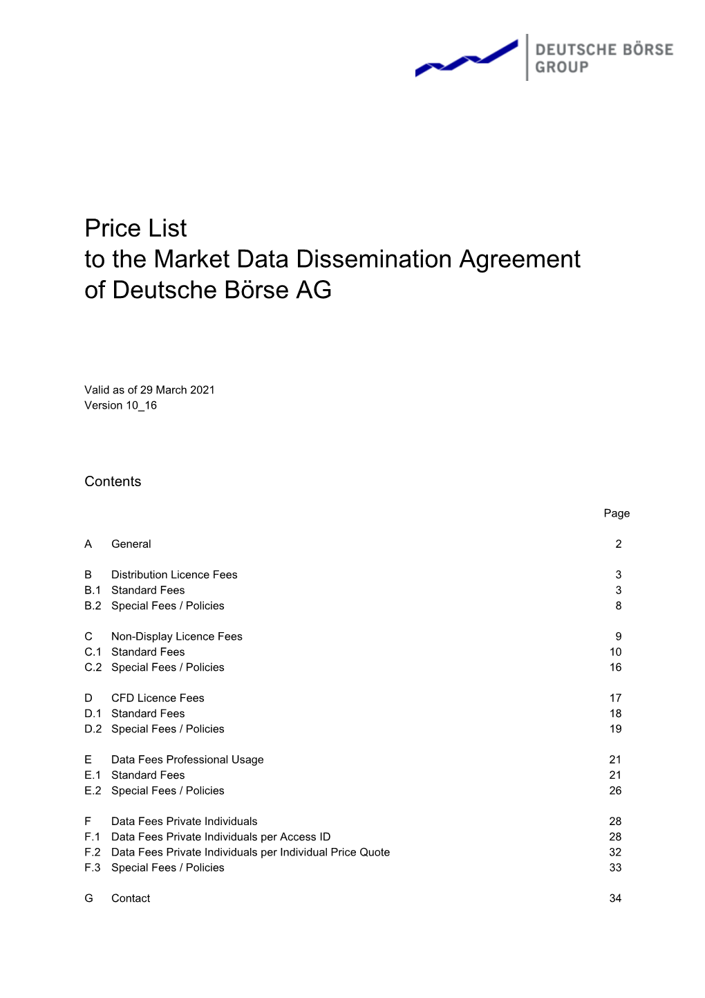 Price List to the Market Data Dissemination Agreement of Deutsche Börse AG