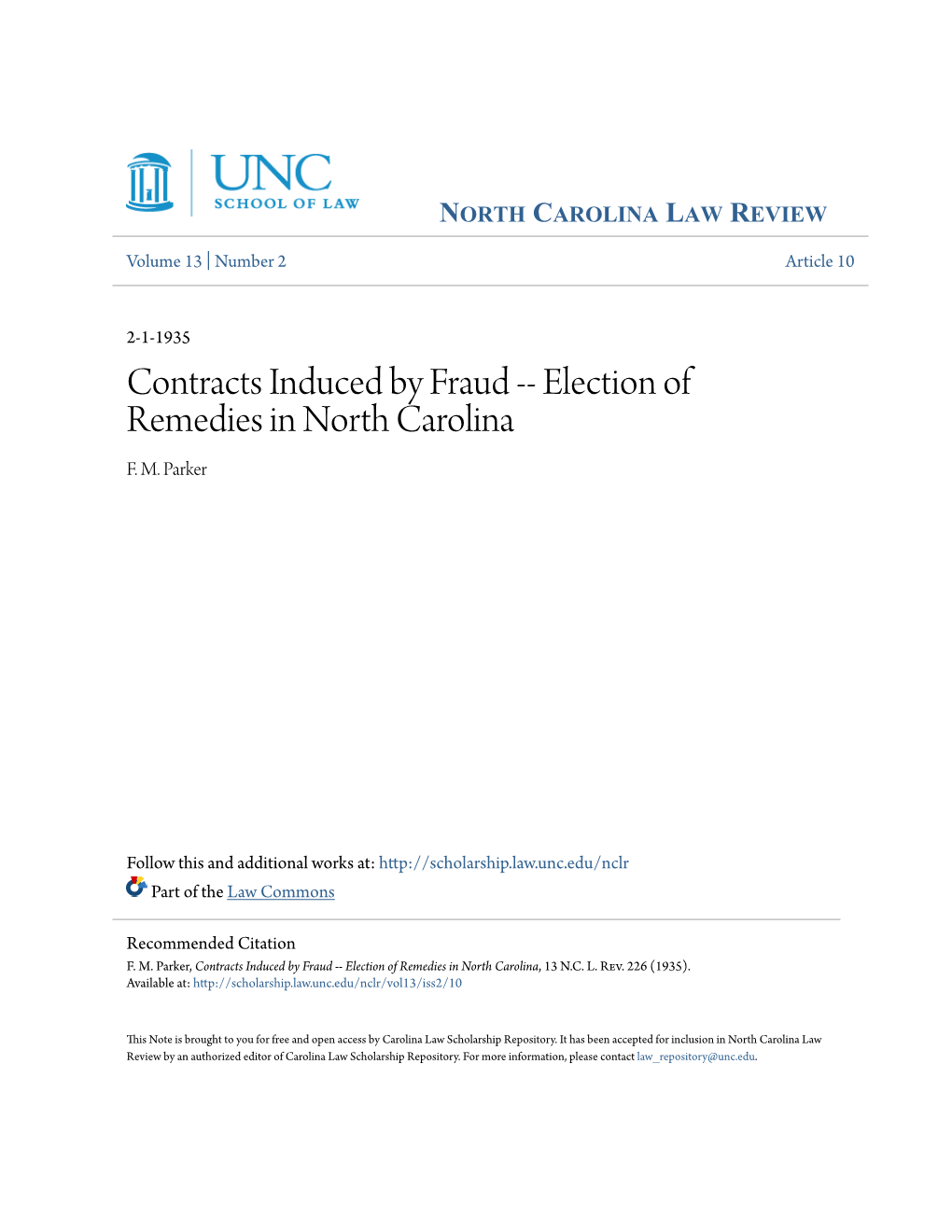 Contracts Induced by Fraud -- Election of Remedies in North Carolina F