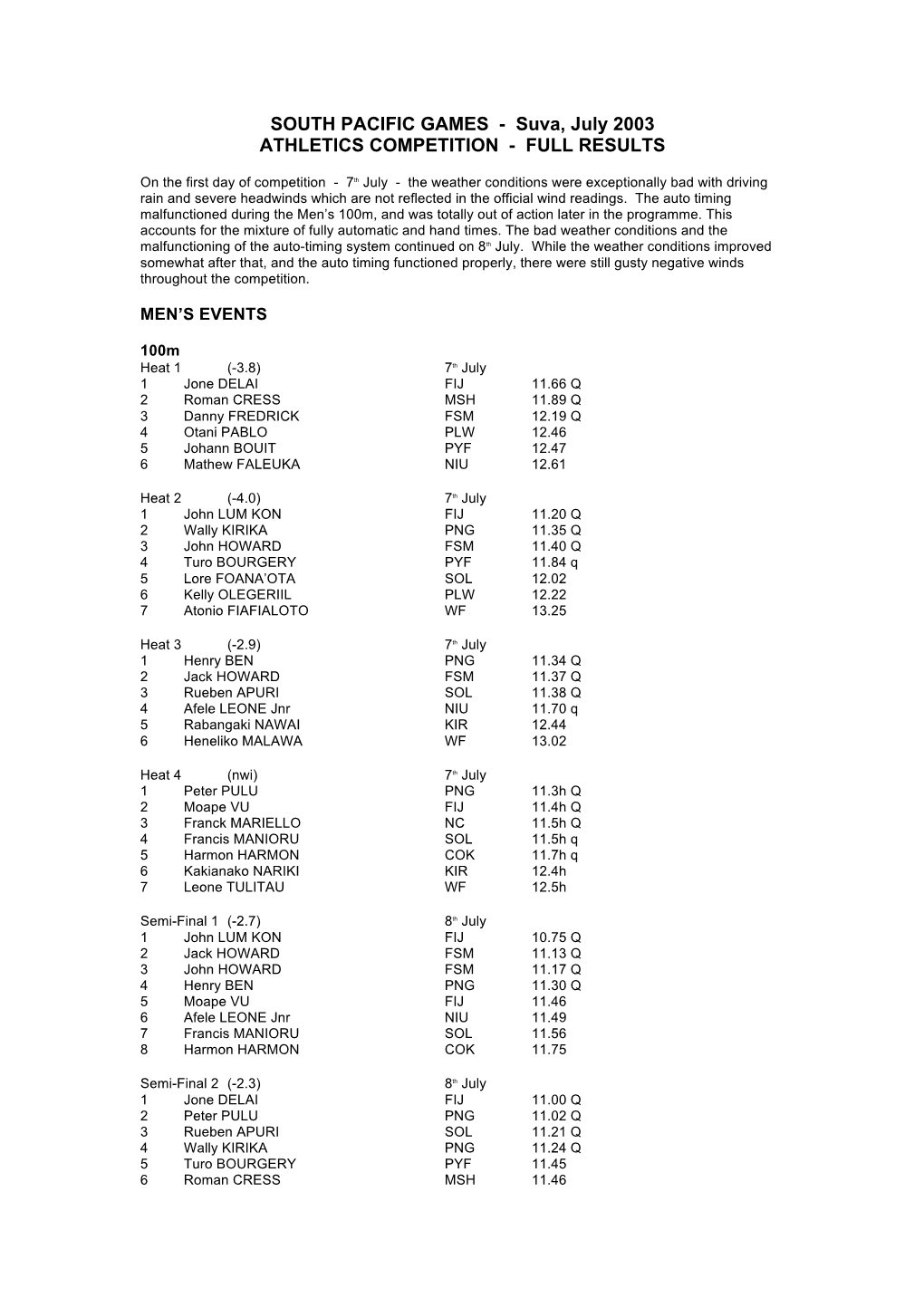 SOUTH PACIFIC GAMES - Suva, July 2003 ATHLETICS COMPETITION - FULL RESULTS