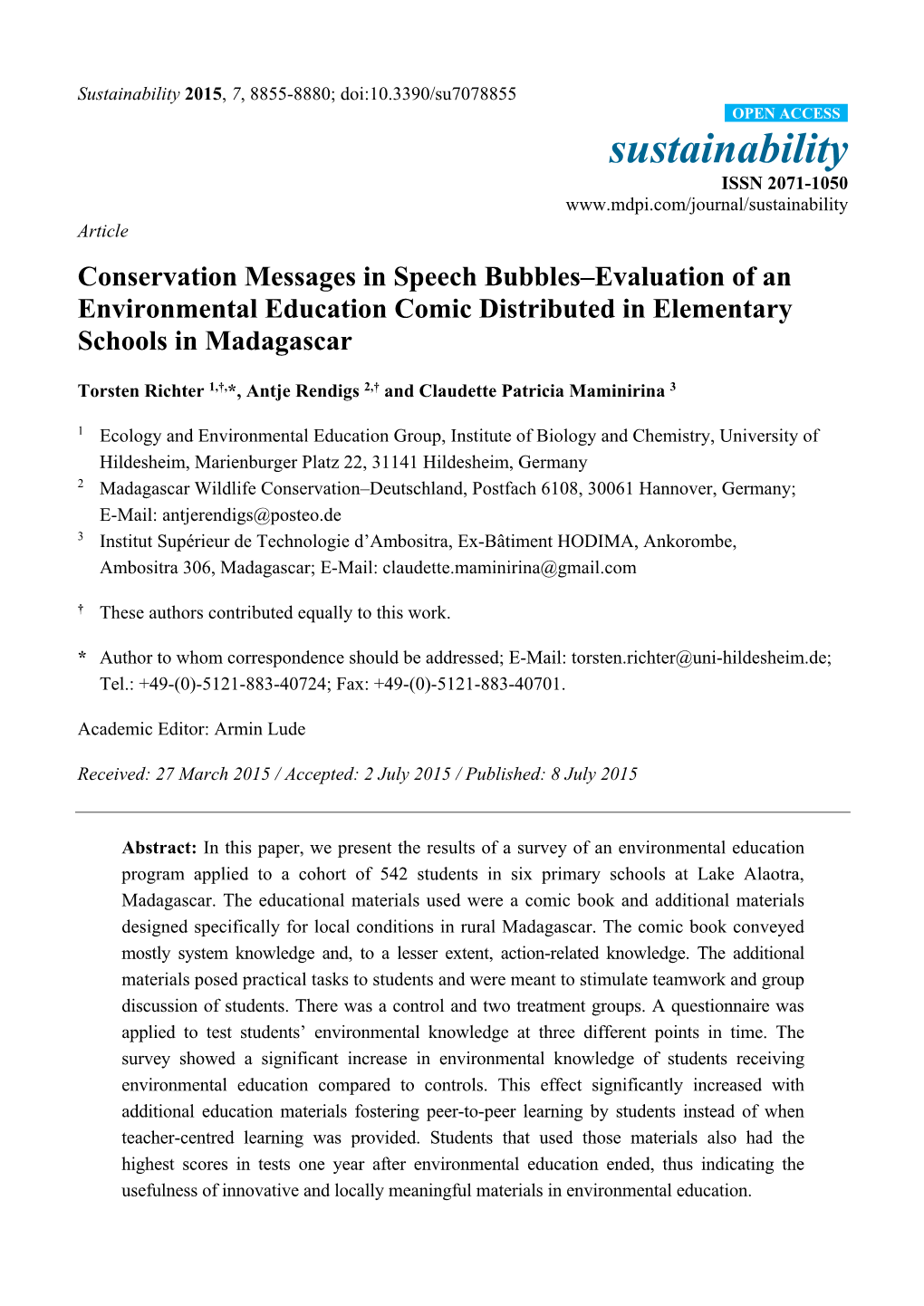 Conservation Messages in Speech Bubbles–Evaluation of an Environmental Education Comic Distributed in Elementary Schools in Madagascar