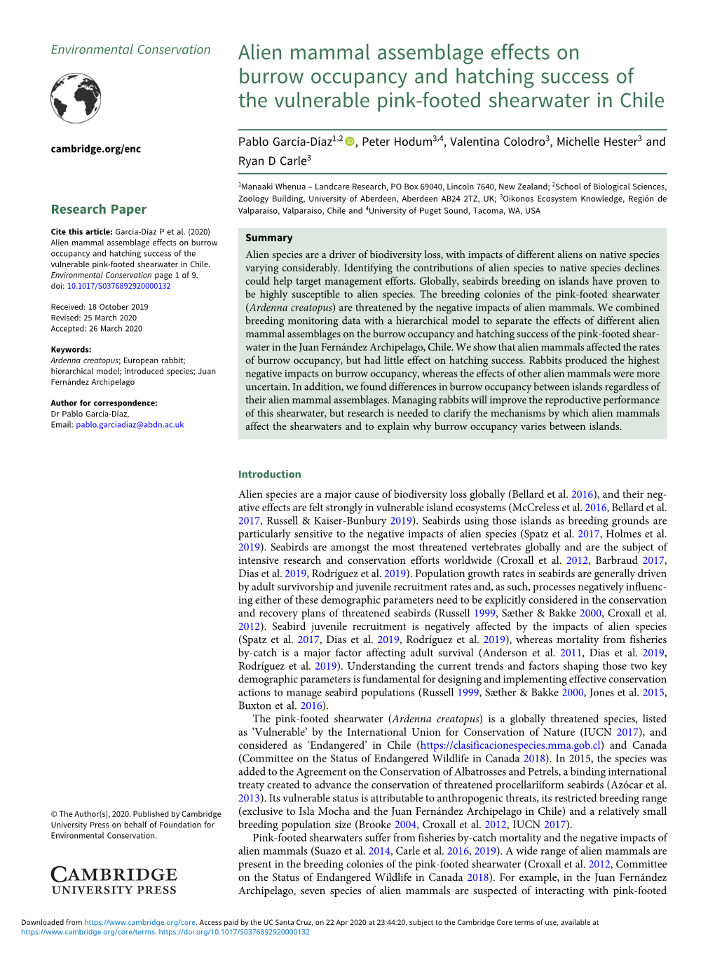 Alien Mammal Assemblage Effects on Burrow Occupancy and Hatching Success of the Vulnerable Pink-Footed Shearwater in Chile