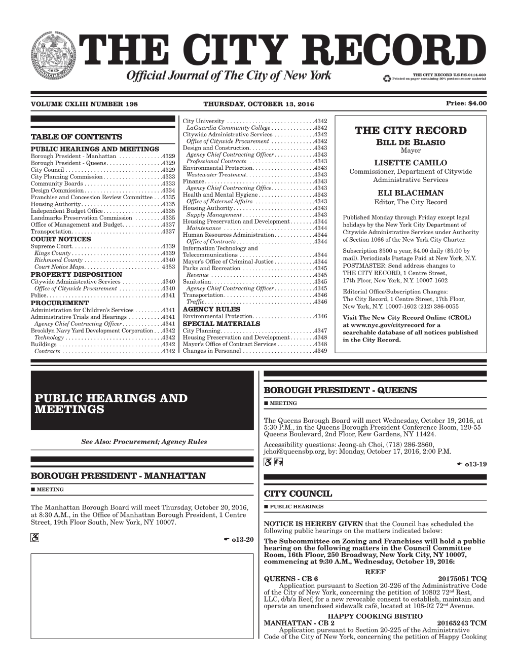 THE CITY RECORD TABLE of CONTENTS Citywide Administrative Services