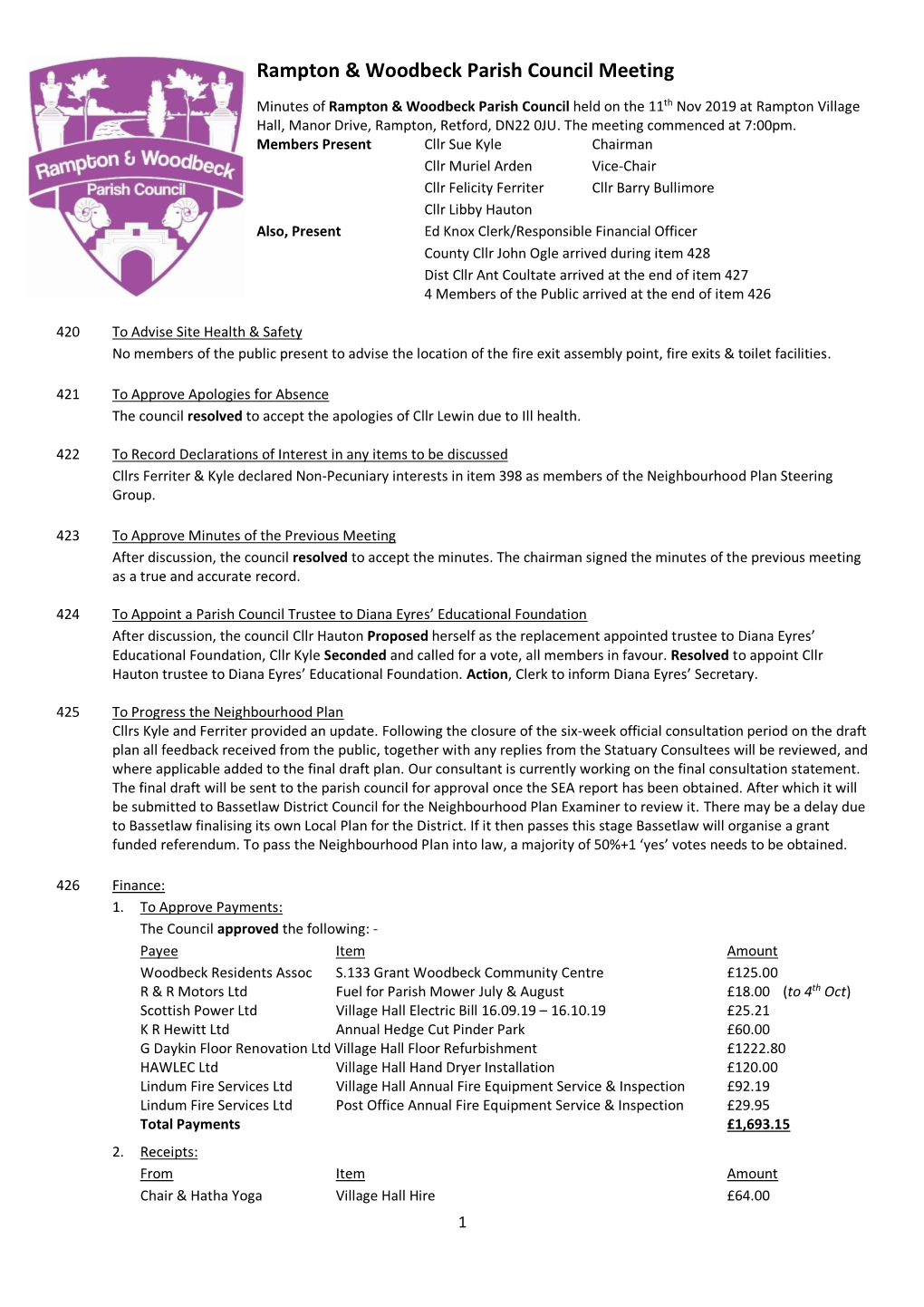 Rampton & Woodbeck Parish Council Meeting