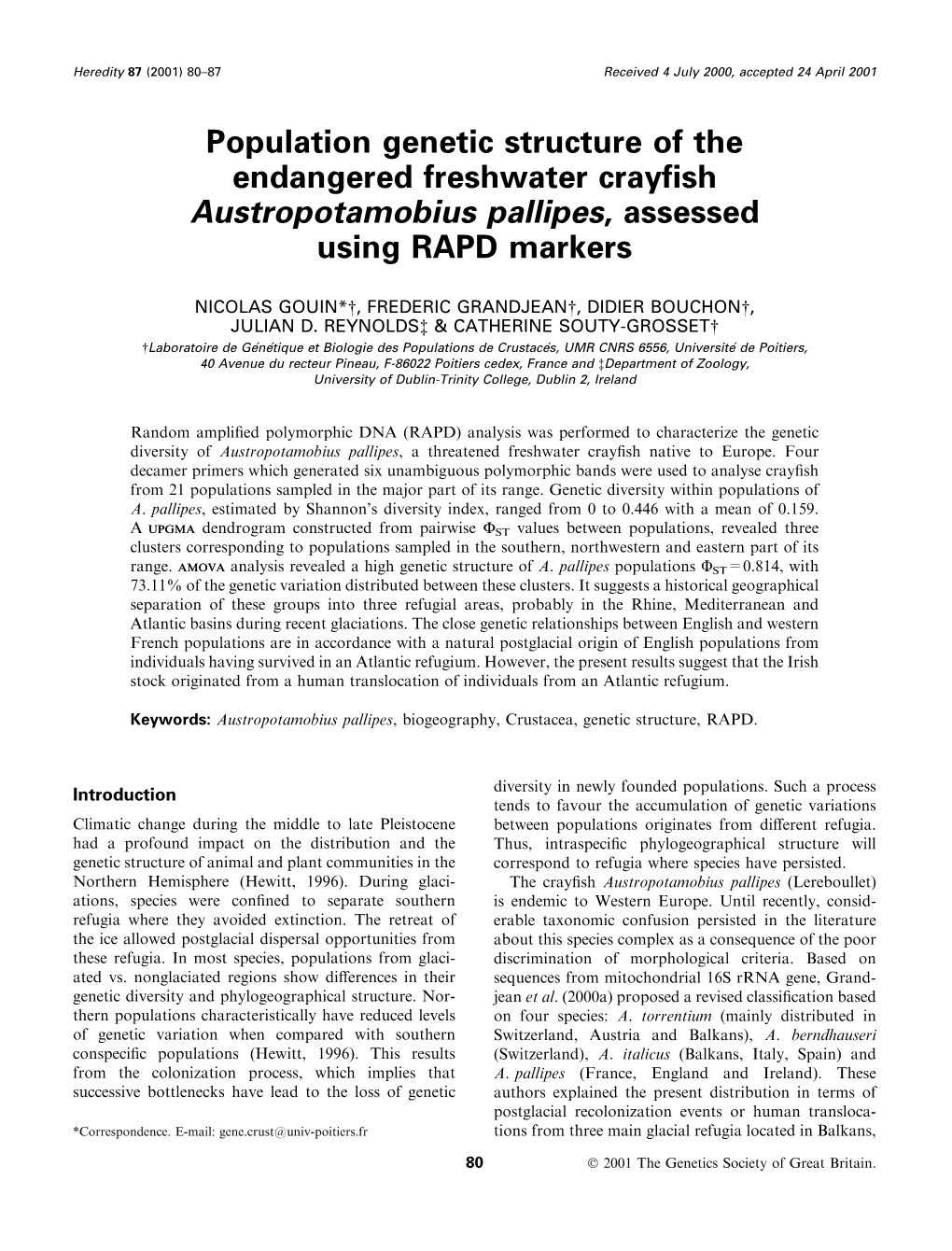 Population Genetic Structure of the Endangered Freshwater Crayfish