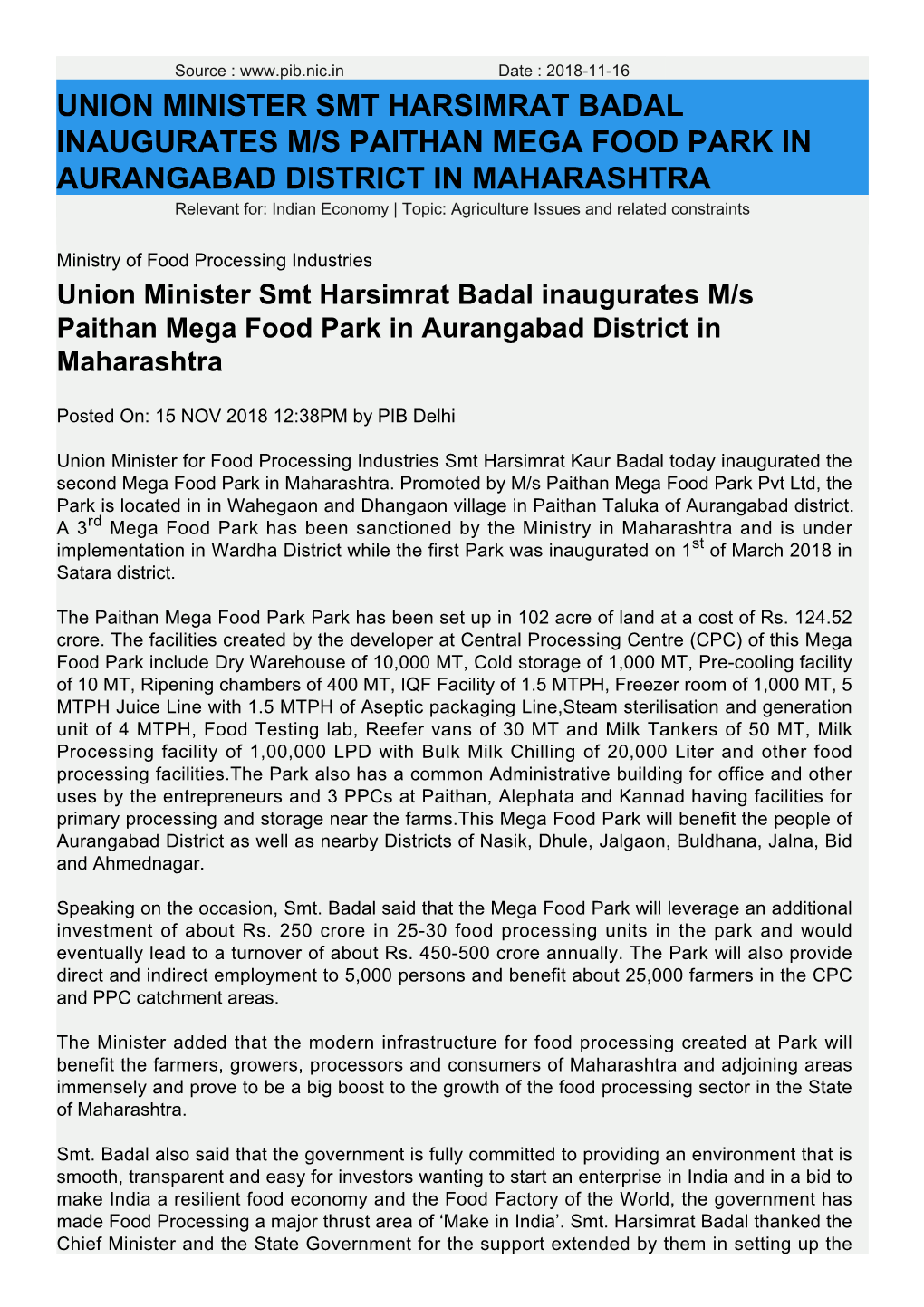 Union Minister Smt Harsimrat Badal Inaugurates M/S Paithan Mega