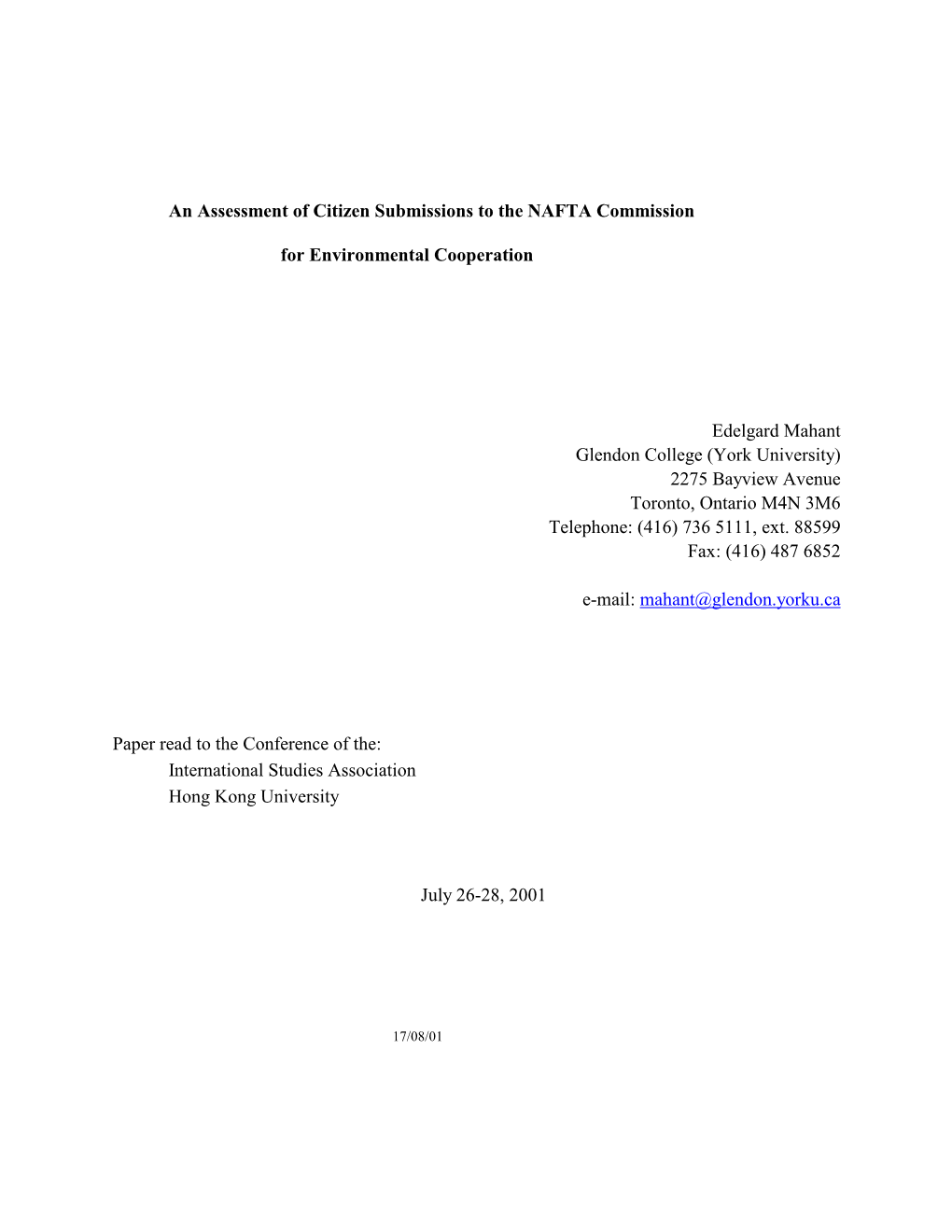 An Assessment of Citizen Submissions to the NAFTA Commission