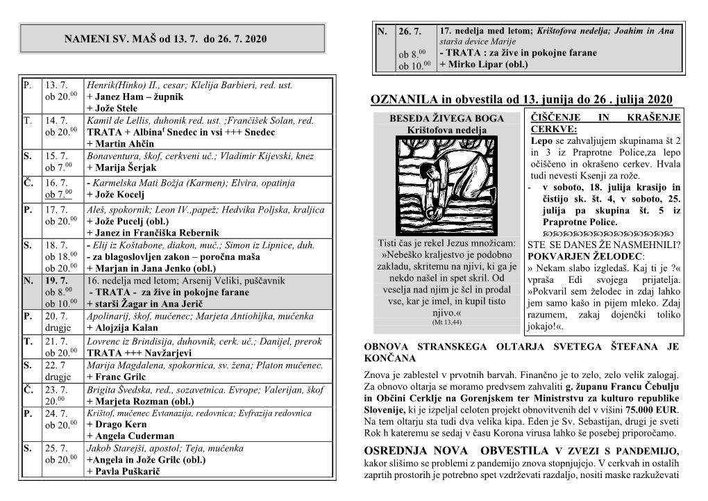 OZNANILA in Obvestila Od 13. Junija Do 26 . Julija 2020 + Jože Stele T