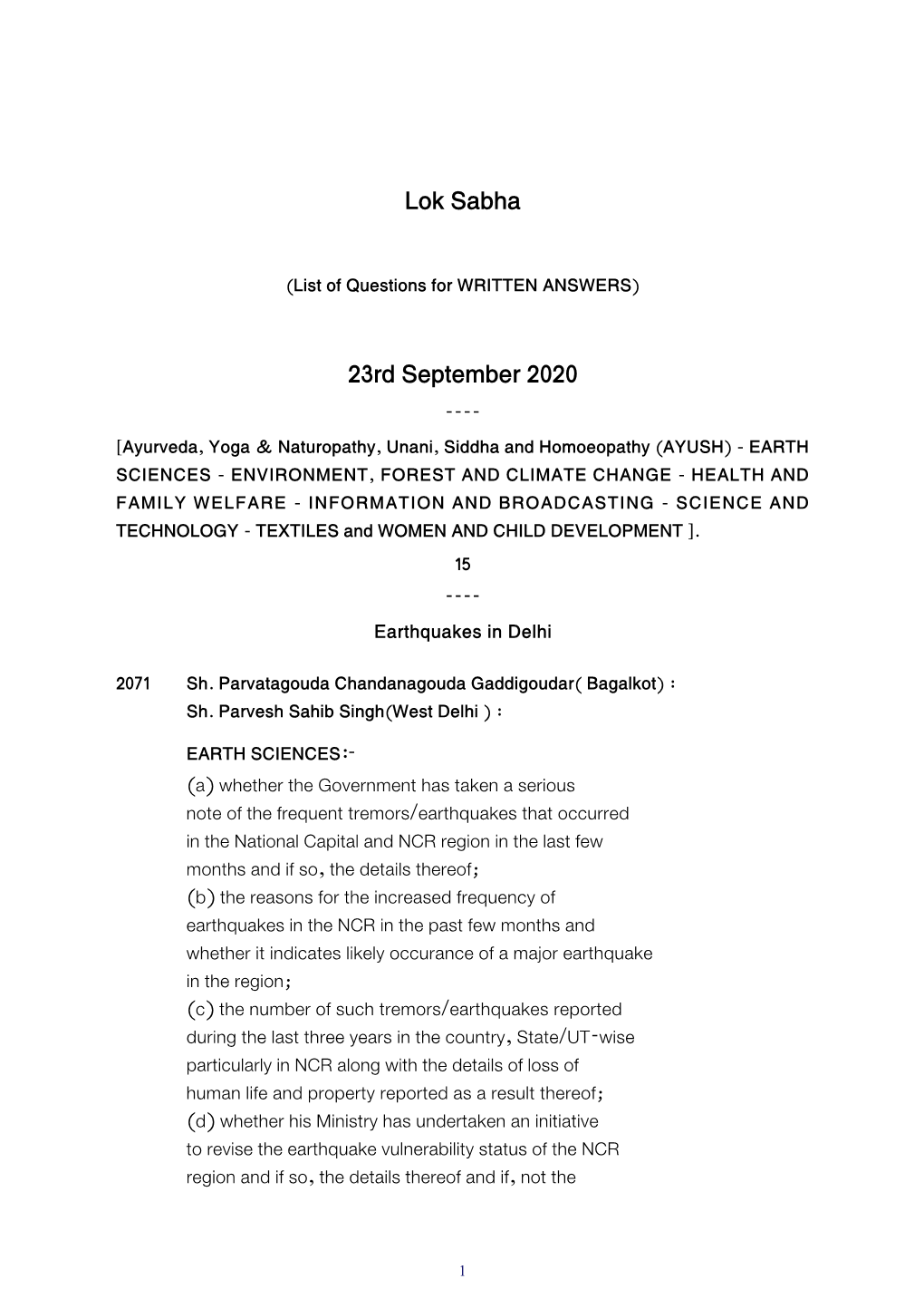 Lok Sabha 23Rd September 2020