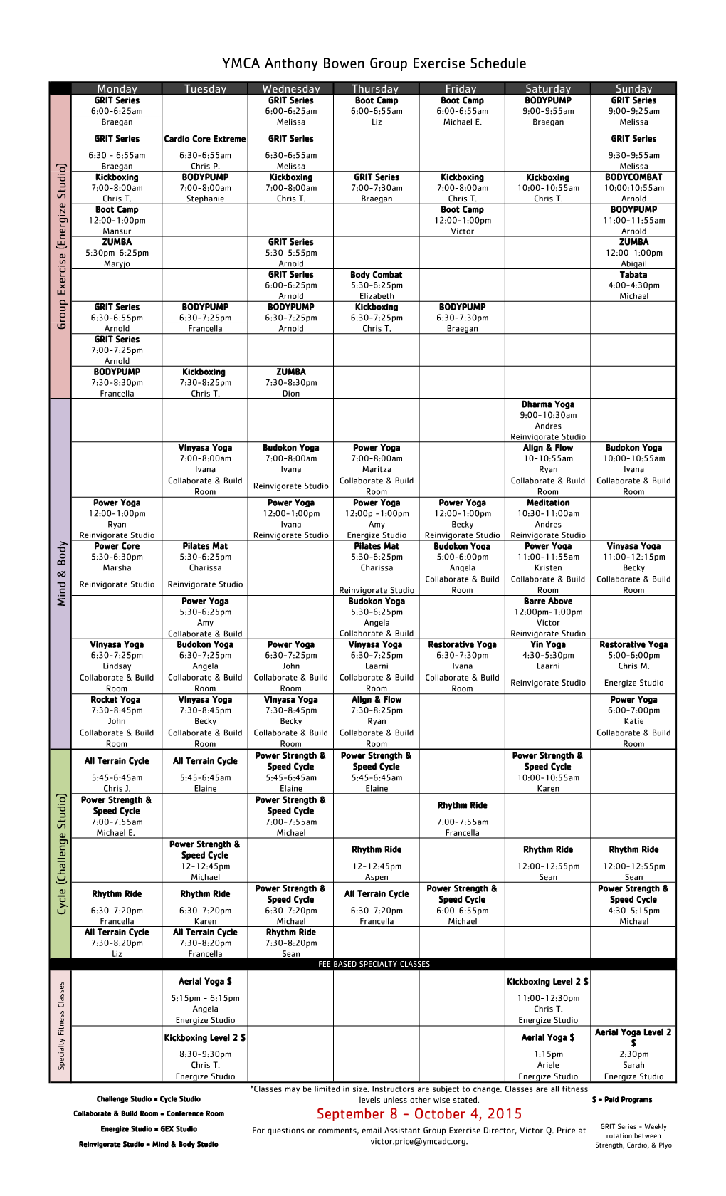 YMCA Anthony Bowen Group Exercise Schedule September 8