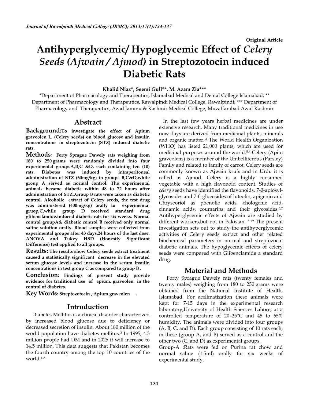 (Ajwain / Ajmod) in Streptozotocin Induced Diabetic Rats