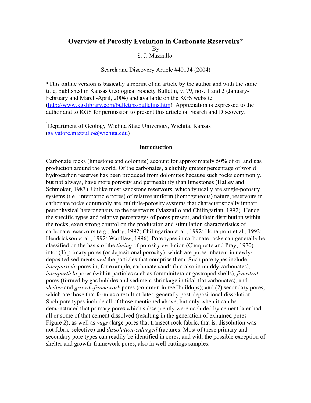 Overview of Porosity Evolution in Carbonate Reservoirs* by S