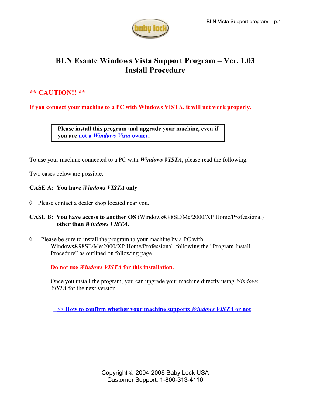 BLN Esante Windows Vista Support Program Ver. 1.03