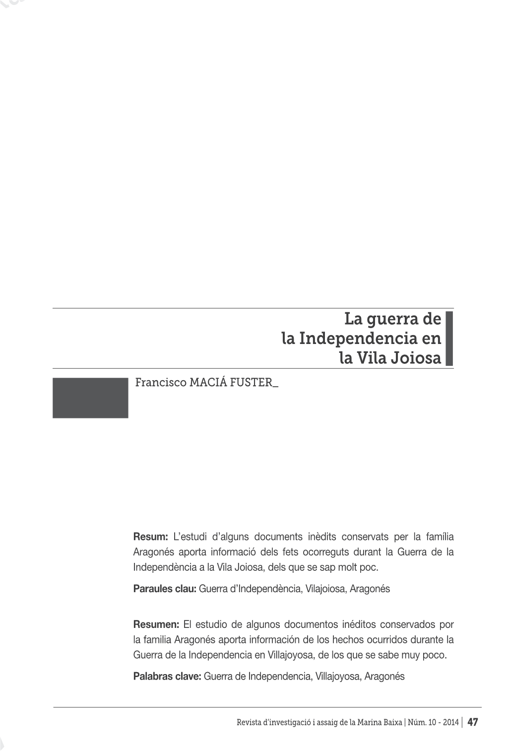 La Marina Baixa La Guerra De La Independencia En La Vila Joiosa Francisco MACIÁ FUSTER