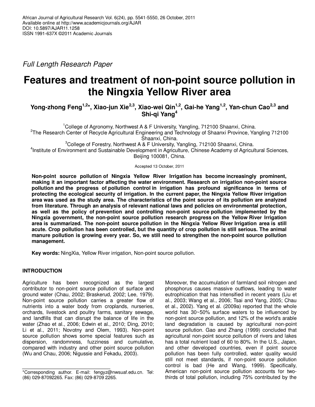 Features and Treatment of Non-Point Source Pollution in the Ningxia Yellow River Area