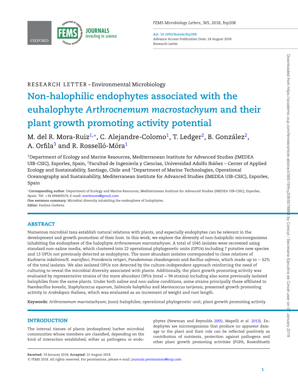 Non-Halophilic Endophytes Associated with the Euhalophyte Arthrocnemum Macrostachyum and Their Plant Growth Promoting Activity Potential M