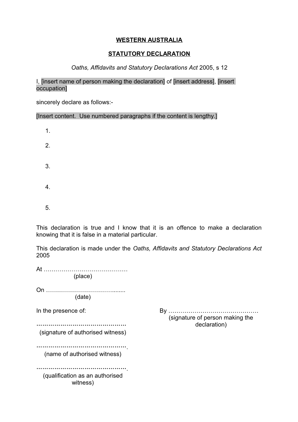 Western Australia Statutory Declaration