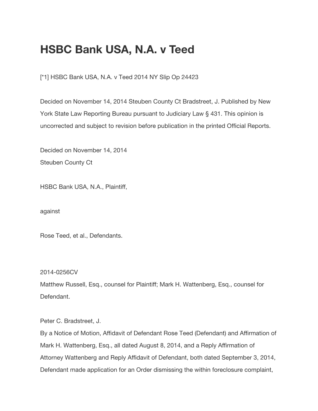 HSBC Bank USA, NA V Teed