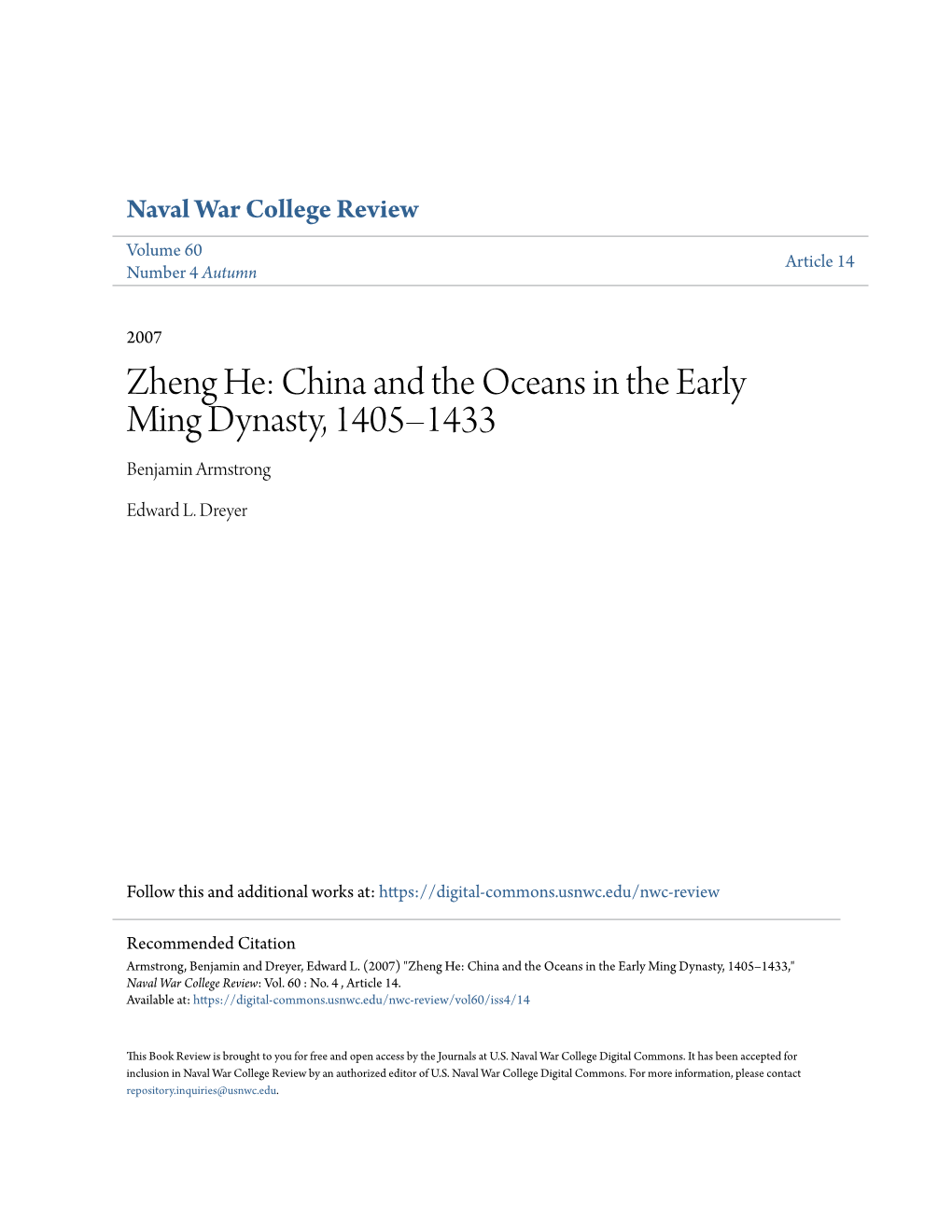 Zheng He: China and the Oceans in the Early Ming Dynasty, 1405–1433 Benjamin Armstrong
