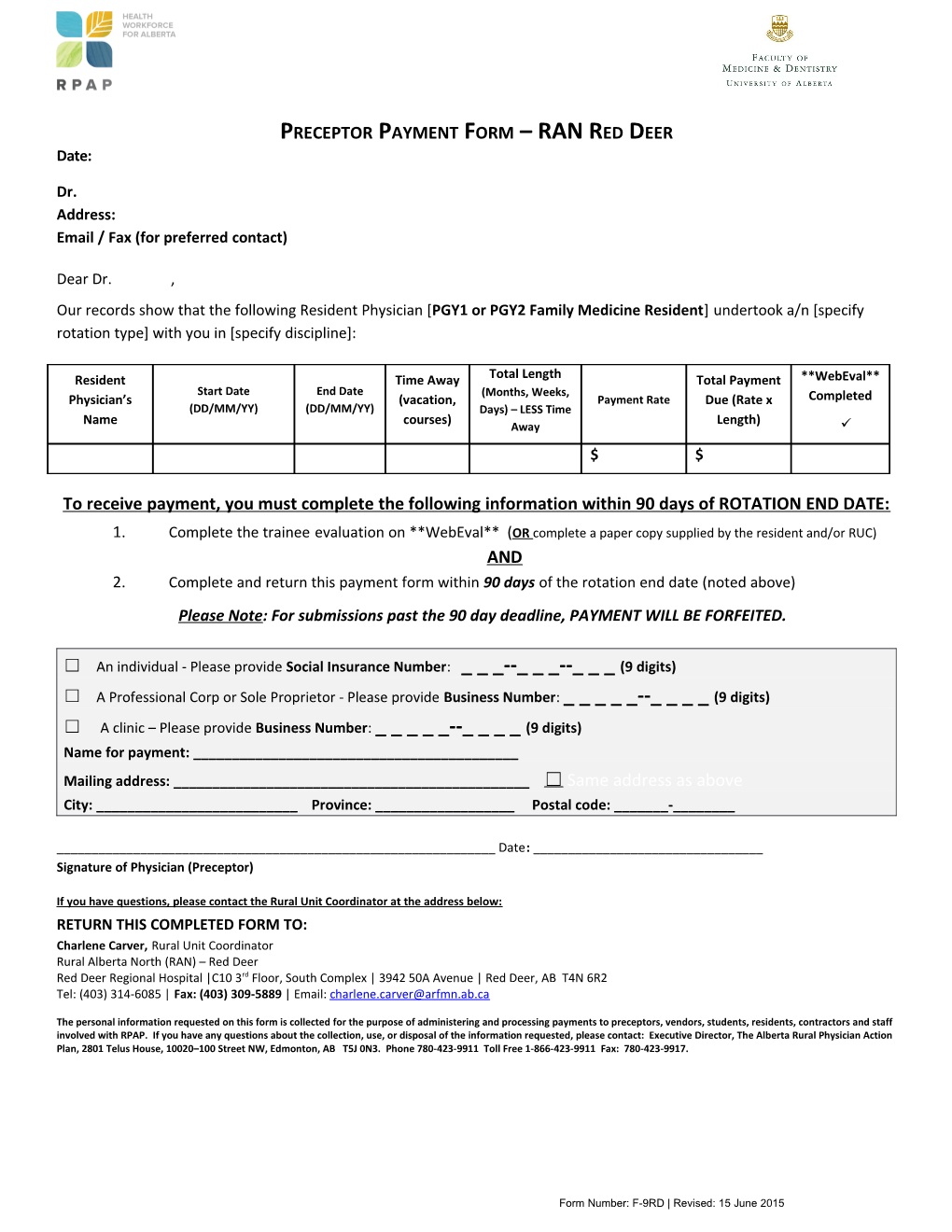 Preceptor Payment Form RAN Red Deer