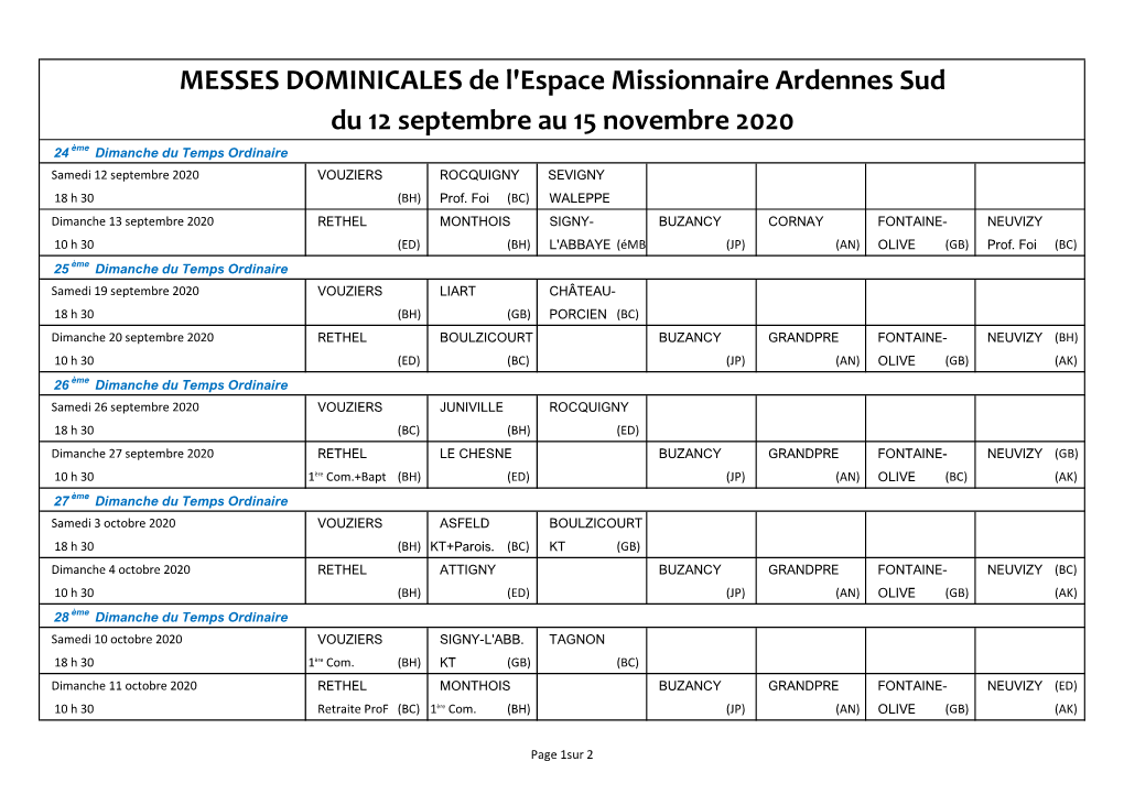 MESSES DOMINICALES De L'espace Missionnaire Ardennes Sud
