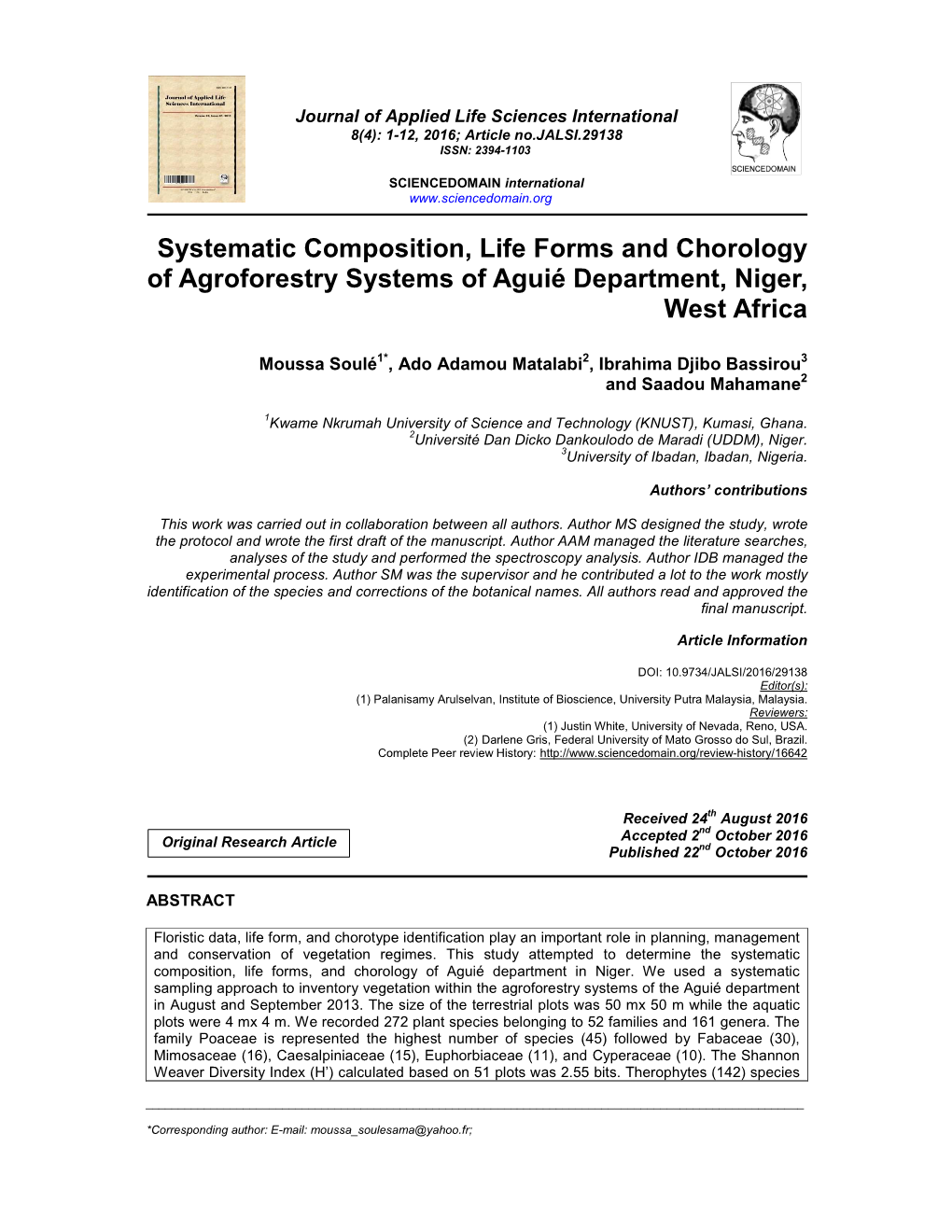 Systematic Composition, Life Forms and Chorology of Agroforestry Systems of Aguié Department, Niger, West Africa