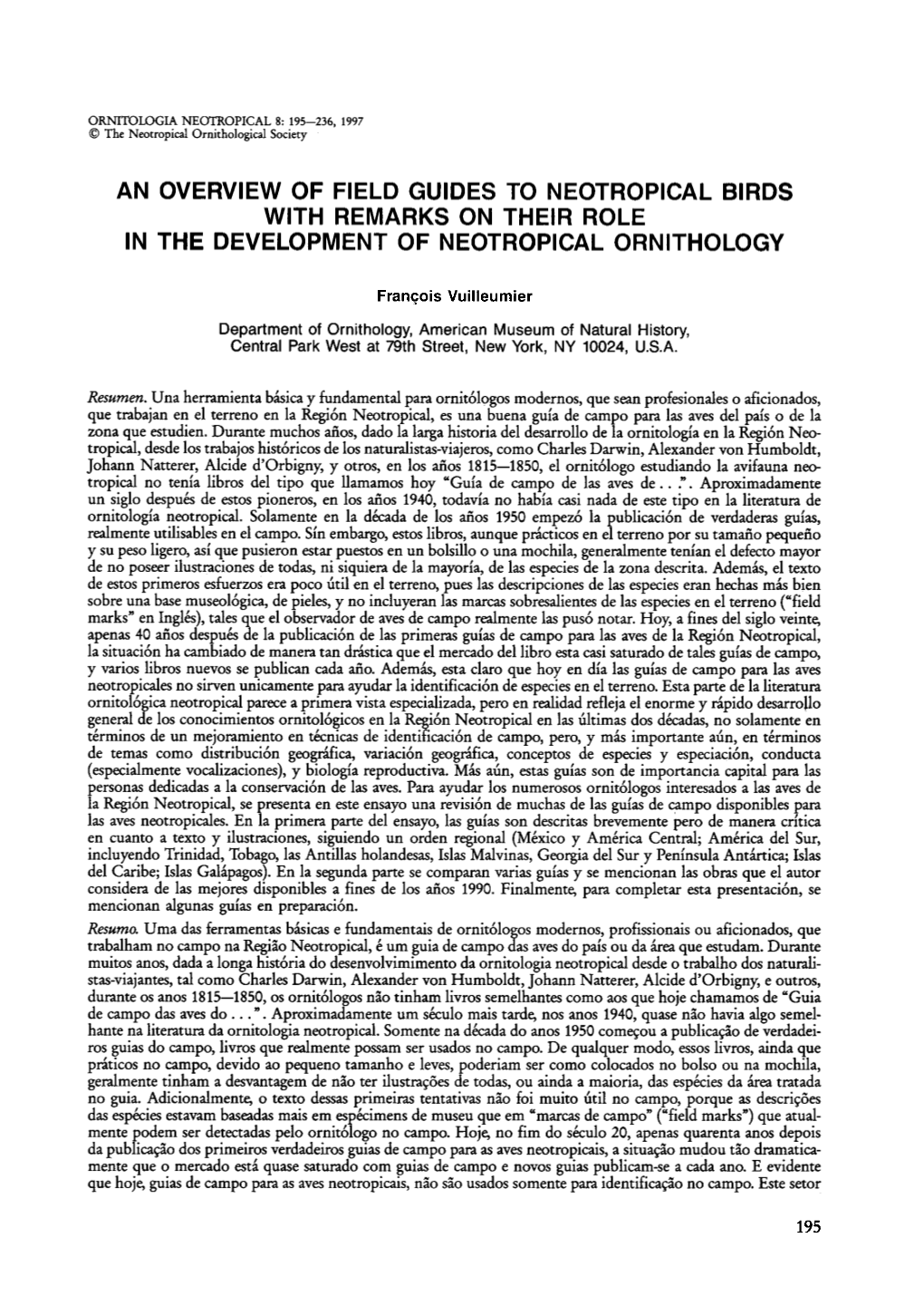 An Overview of Field Guides to Neotropical Birds with Remarks on Their Role in the Development of Neotropical Ornithology