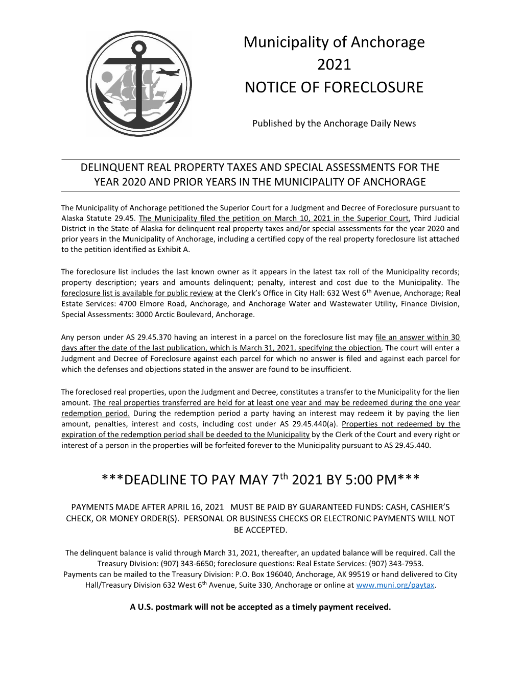 Municipality of Anchorage 2021 NOTICE of FORECLOSURE