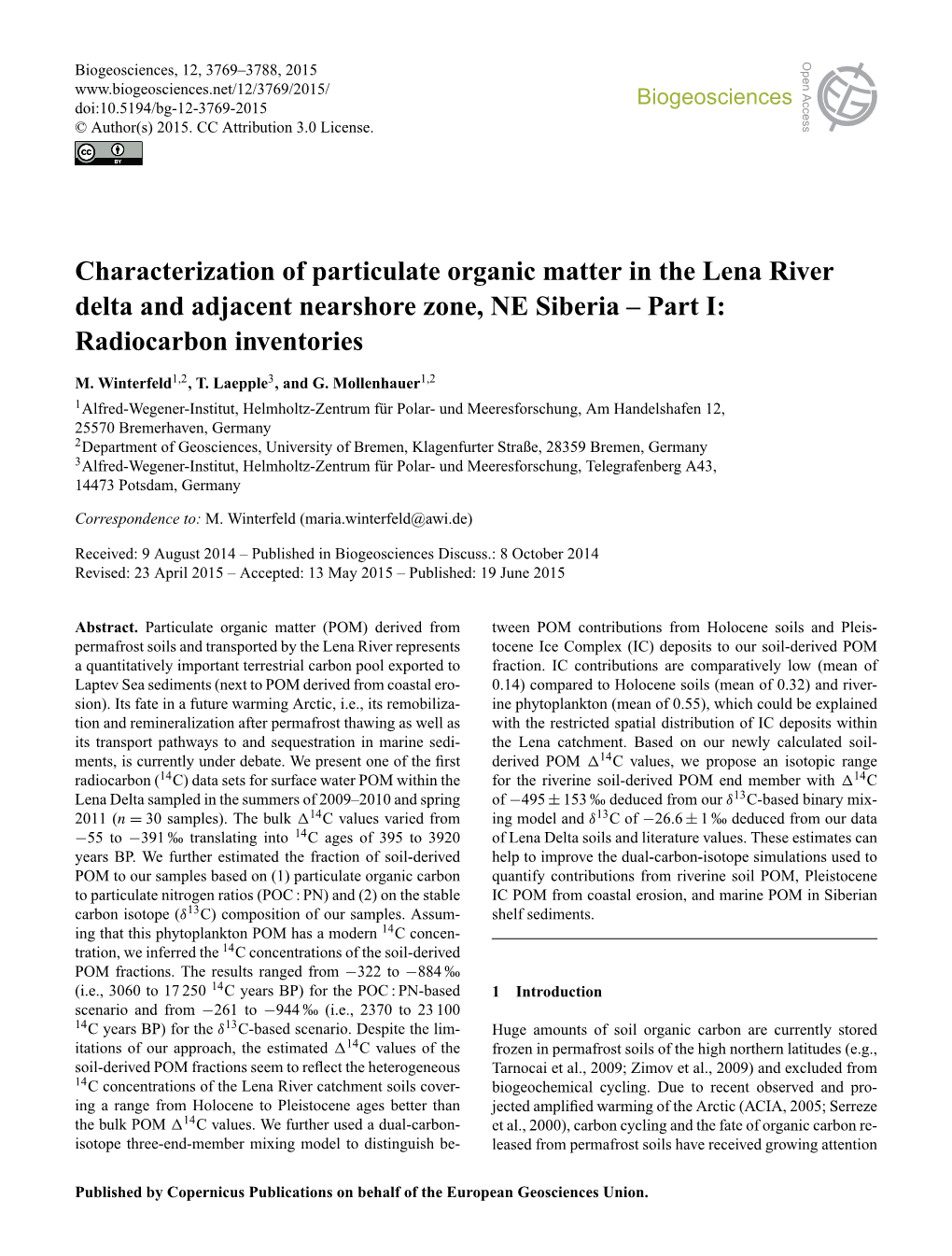 Characterization of Particulate Organic Matter in the Lena River Delta and Adjacent Nearshore Zone, NE Siberia – Part I: Radiocarbon Inventories