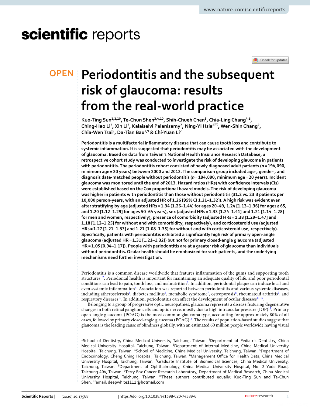 Periodontitis and the Subsequent Risk of Glaucoma