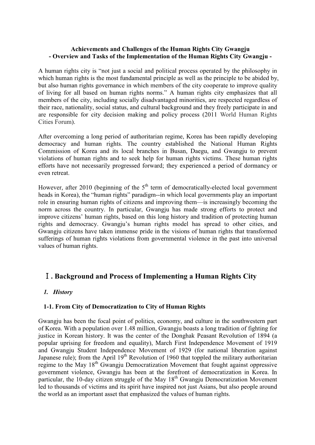 Ⅰ. Background and Process of Implementing a Human Rights City