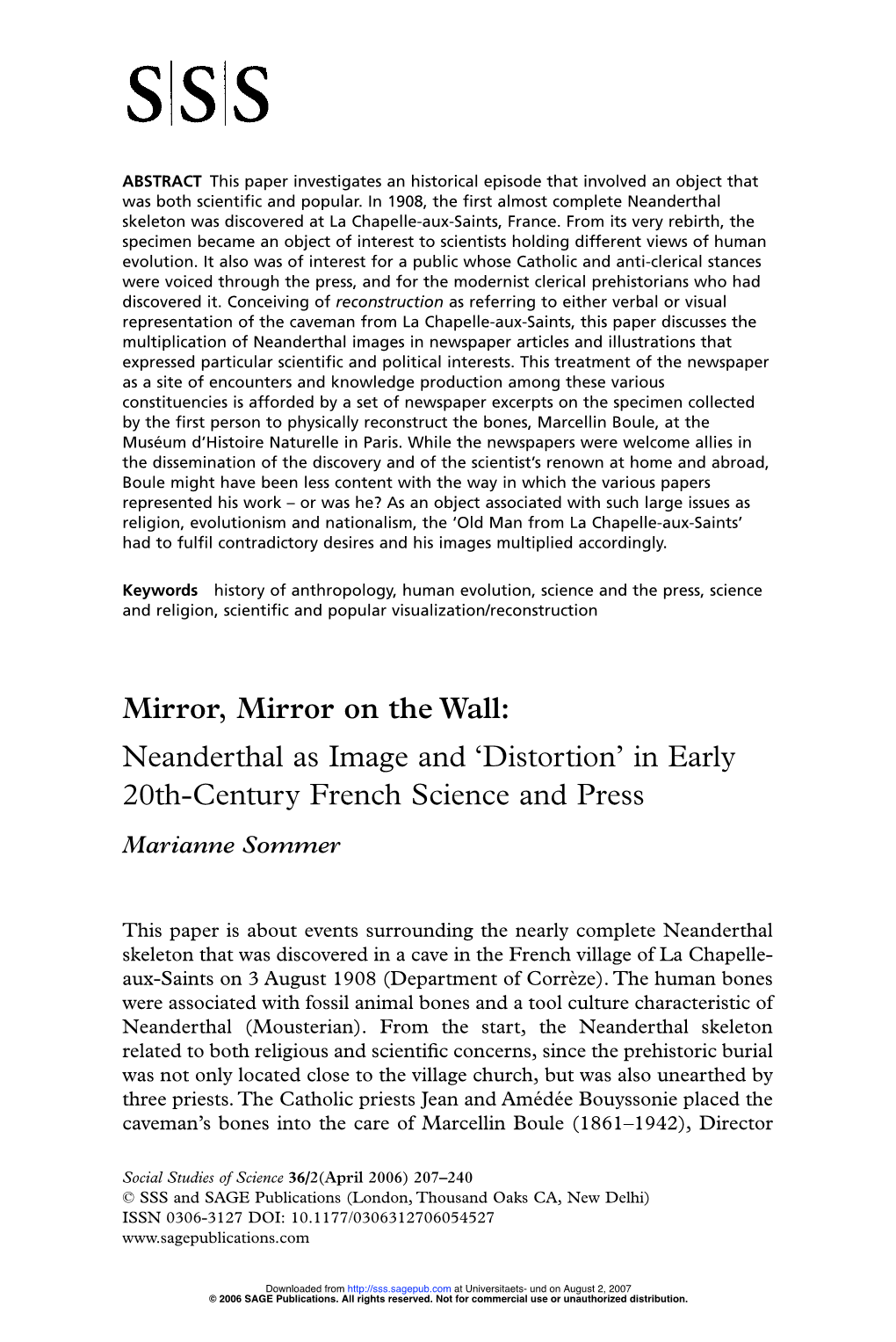 Mirror, Mirror on the Wall: Neanderthal As Image and ‘Distortion’ in Early 20Th-Century French Science and Press Marianne Sommer