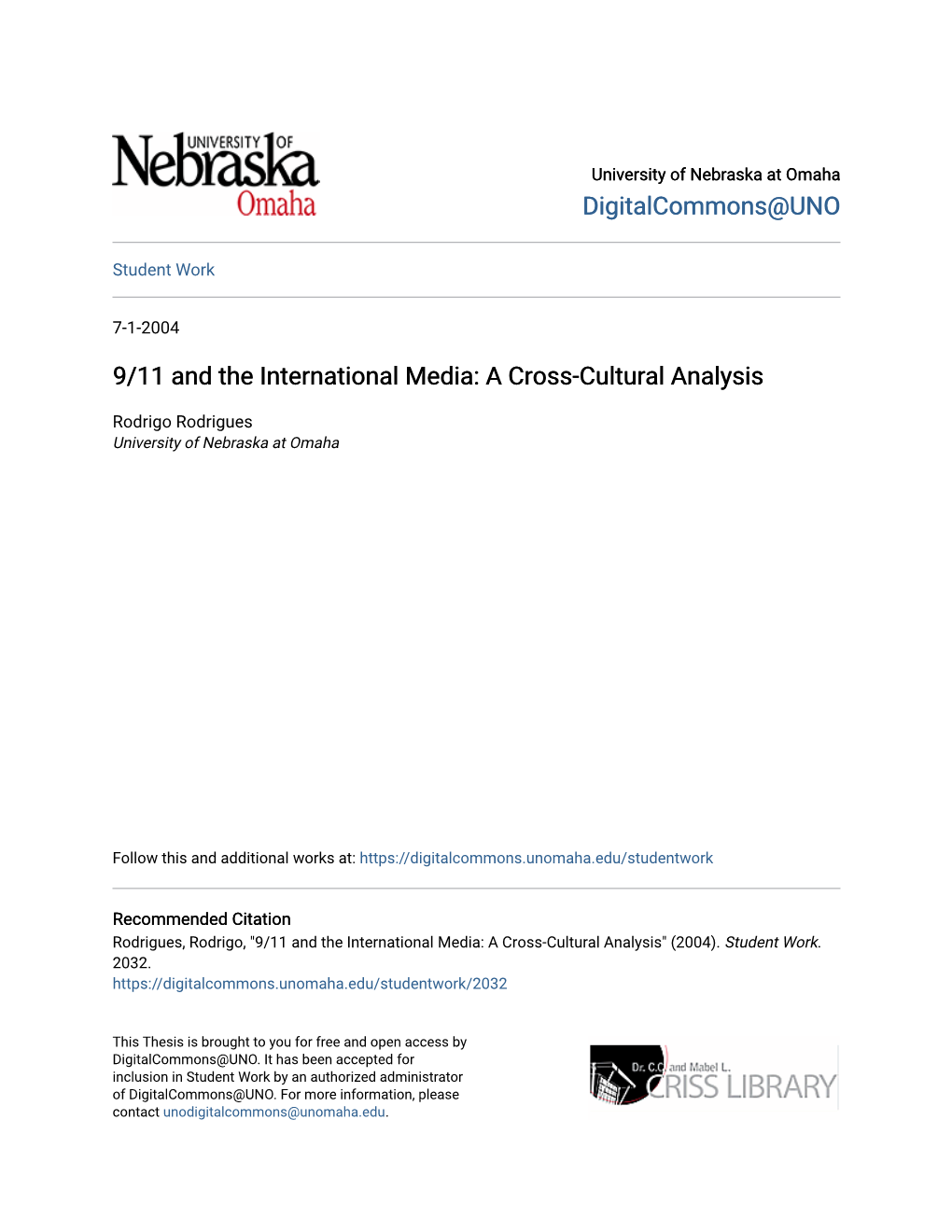 9/11 and the International Media: a Cross-Cultural Analysis