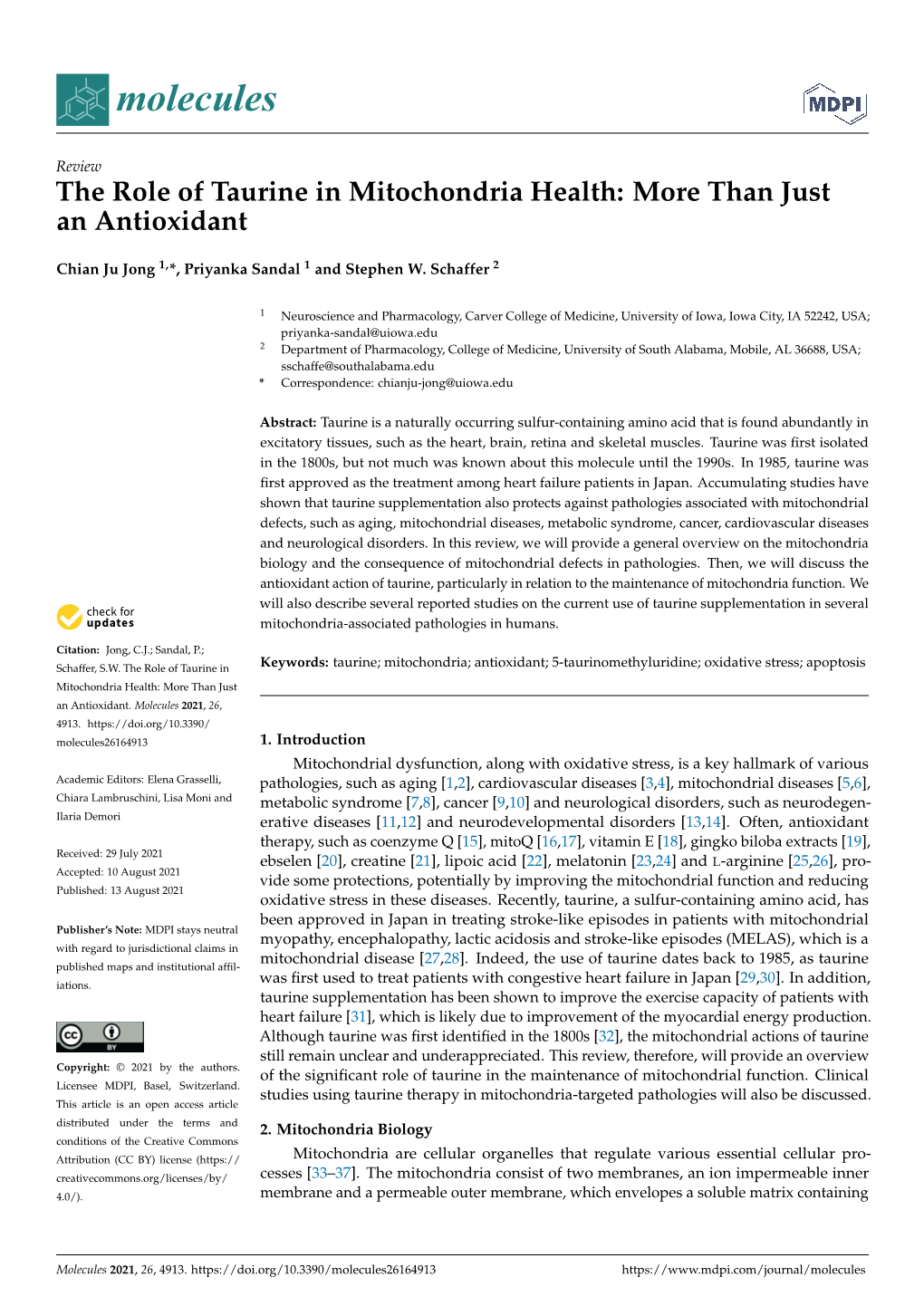 The Role of Taurine in Mitochondria Health: More Than Just an Antioxidant