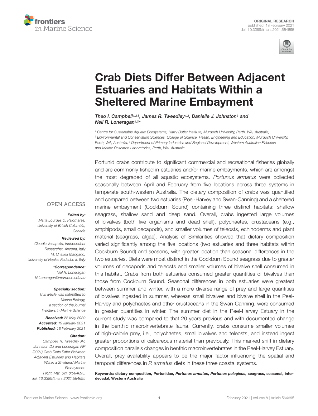 Crab Diets Differ Between Adjacent Estuaries and Habitats Within a Sheltered Marine Embayment
