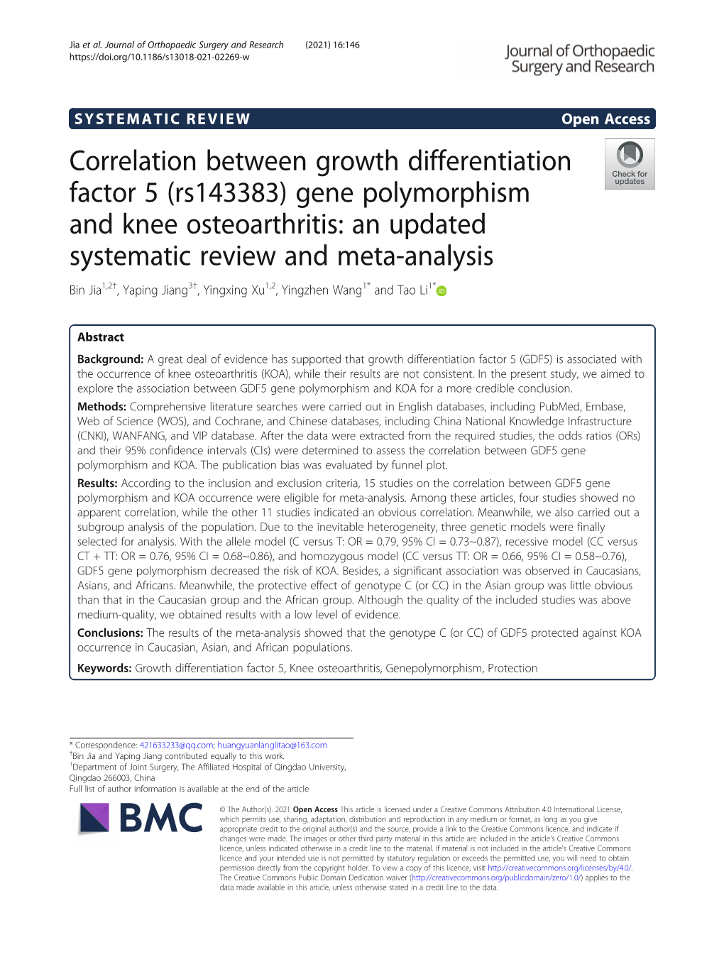 Correlation Between Growth Differentiation Factor 5 (Rs143383) Gene Polymorphism and Knee Osteoarthritis: an Updated Systematic