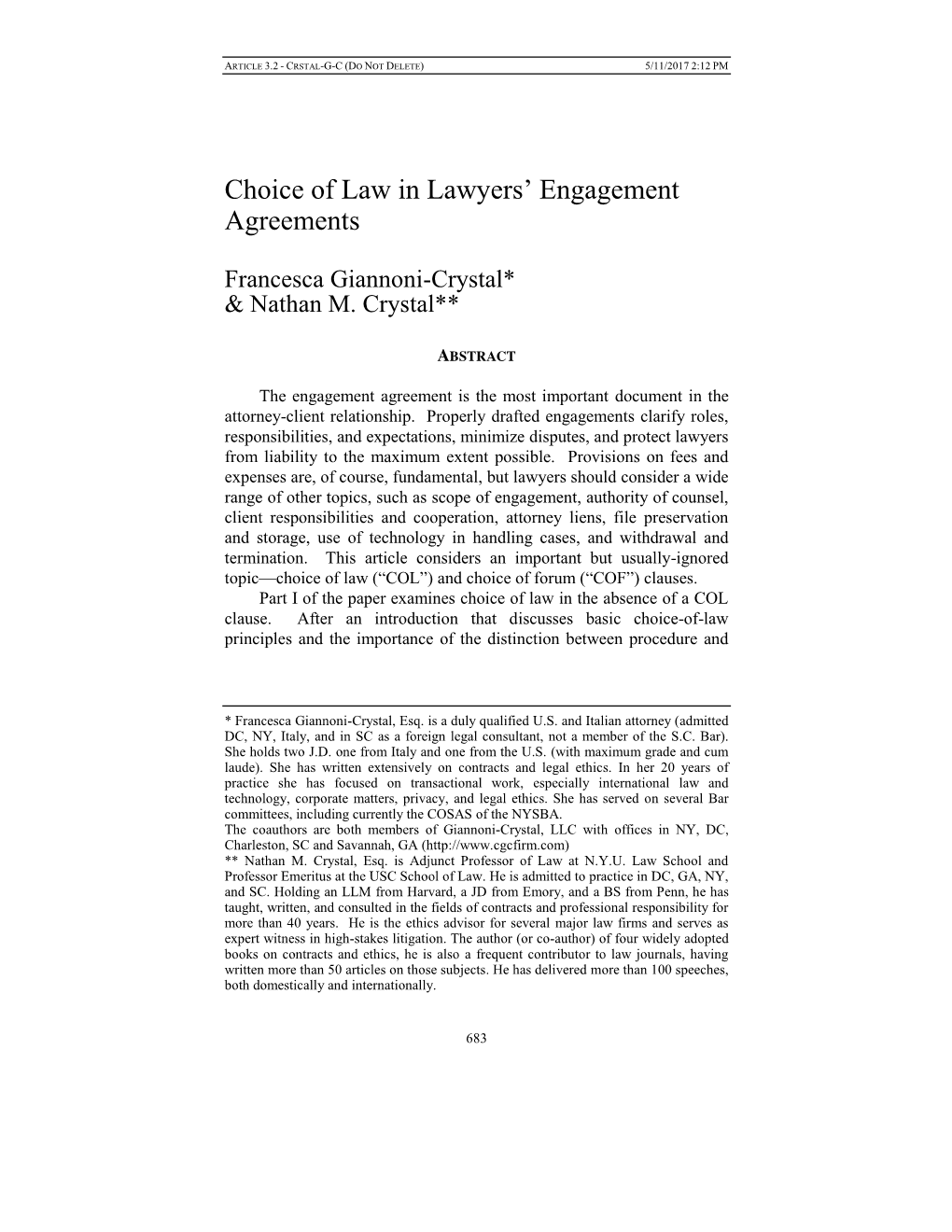 Choice of Law in Lawyers' Engagement Agreements