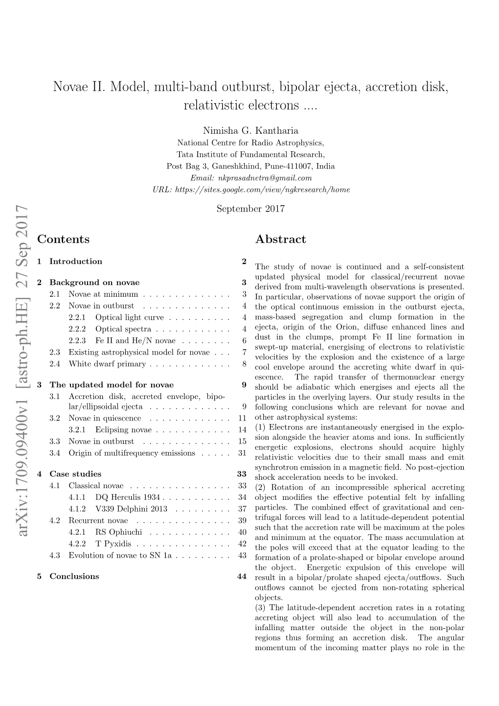 Novae II. Model, Multi-Band Outburst, Bipolar Ejecta, Accretion Disk, Relativistic Electrons