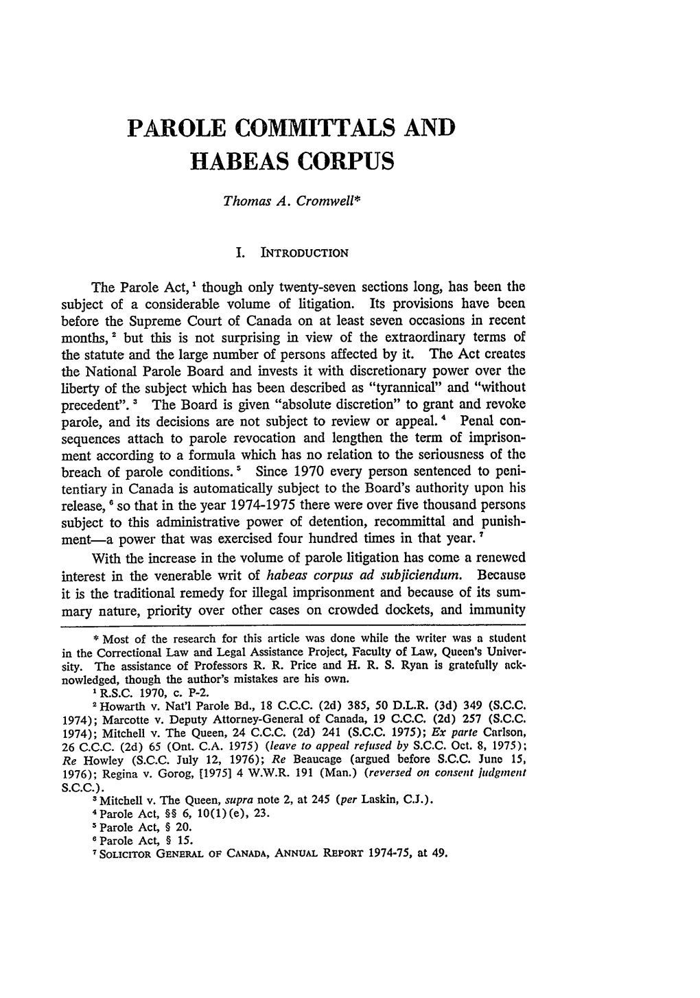 Parole Committals and Habeas Corpus