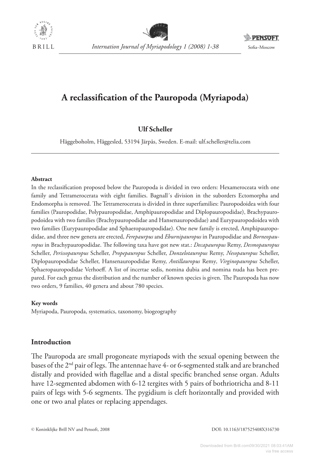 A Reclassification of the Pauropoda (Myriapoda)