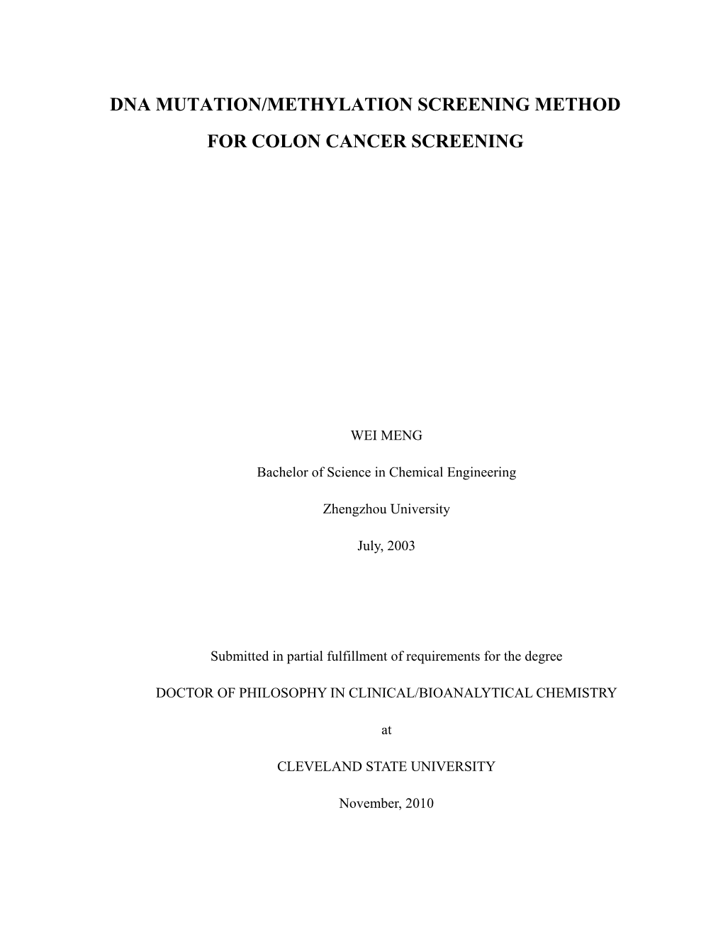 Dna Mutation/Methylation Screening Method for Colon Cancer Screening