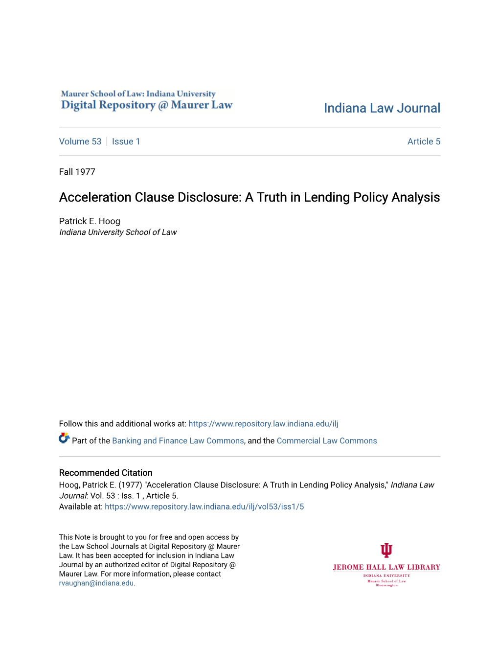 Acceleration Clause Disclosure: a Truth in Lending Policy Analysis