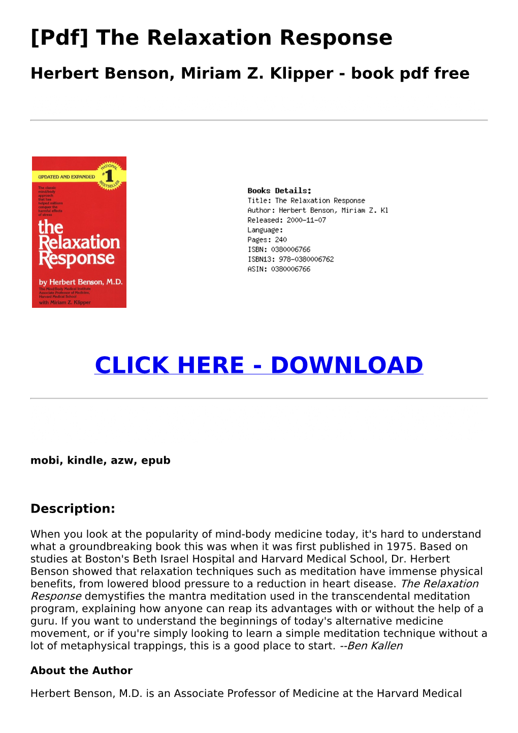 The Relaxation Response Herbert Benson, Miriam Z. Klipper Pdf, Book Pdf the Relaxation Response, by Herbert Benson, Miriam Z