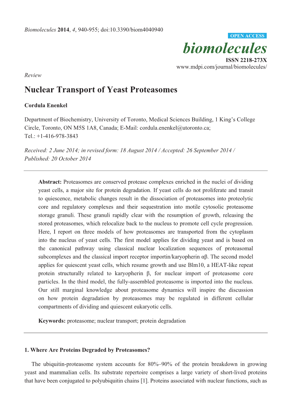 Nuclear Transport of Yeast Proteasomes